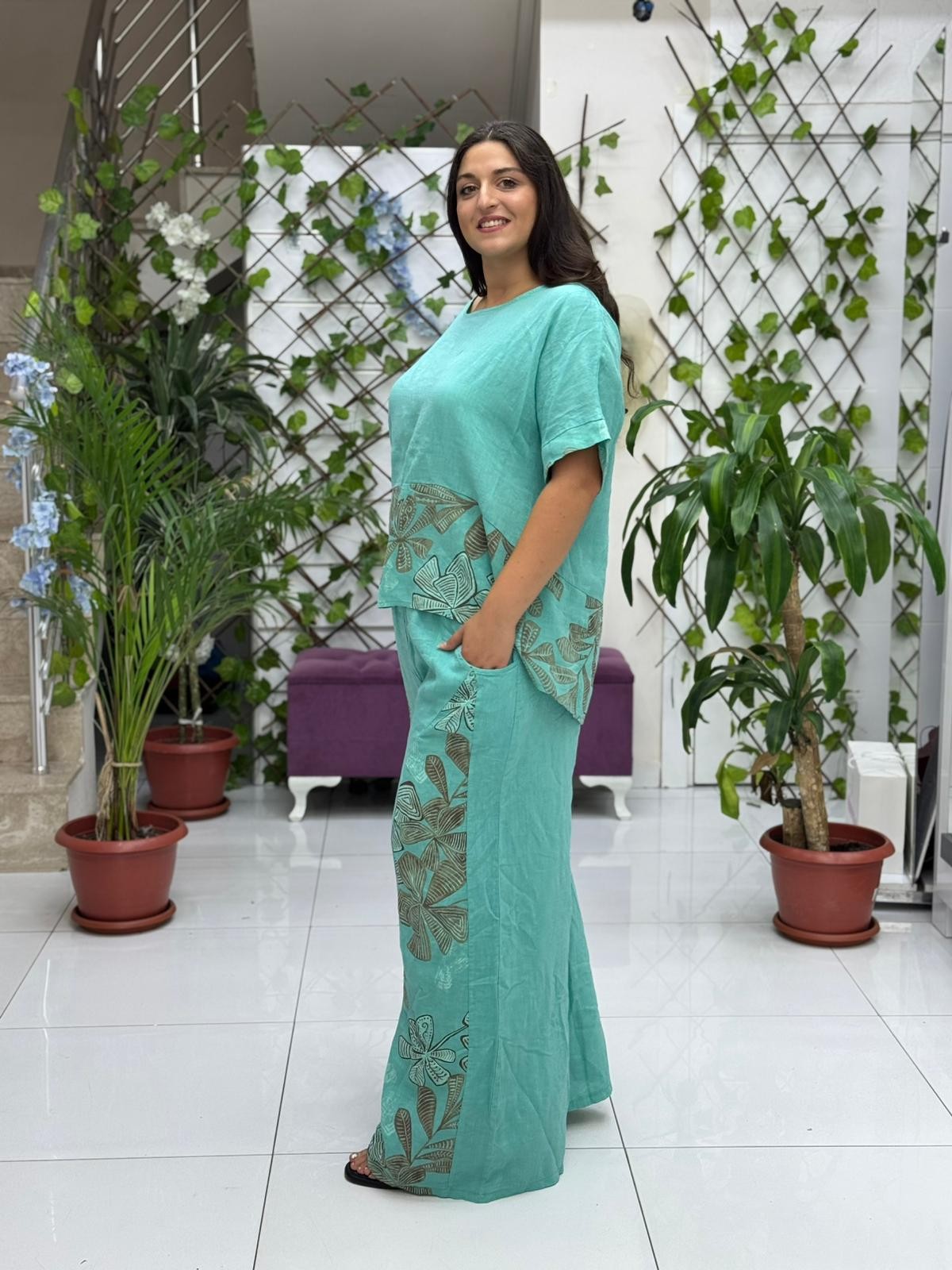 N10661 Traje Italiano Lino Ciruela