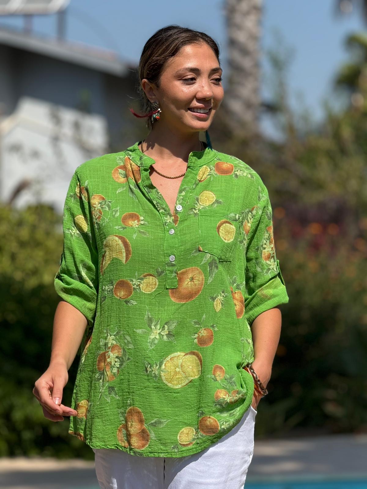 NC154553 İtalyan Pamuk Keten Bluz Yeşil