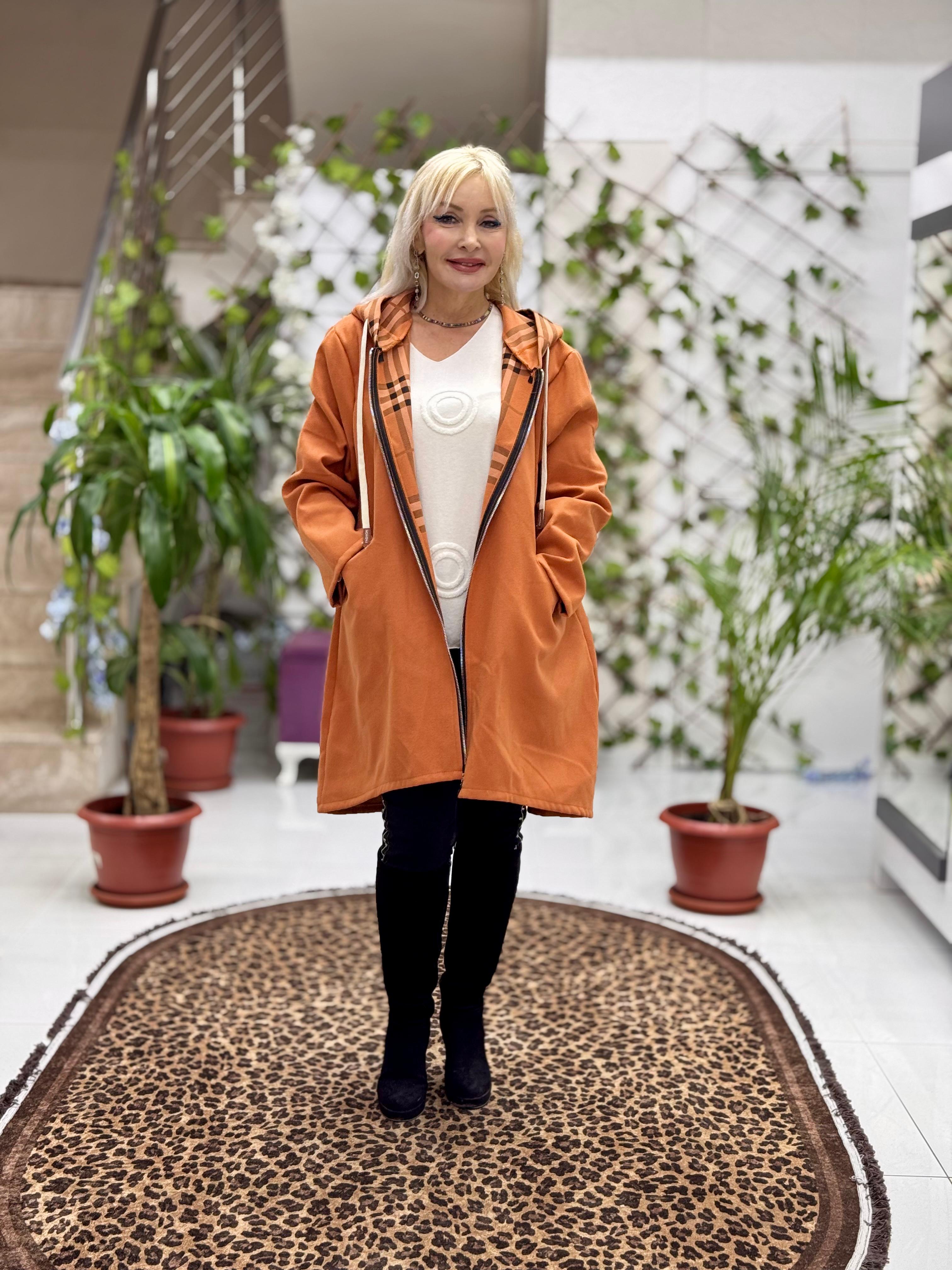 YG12589 Ekoseli Kapişonlu İtalyan Kaşe Kaban Oranj