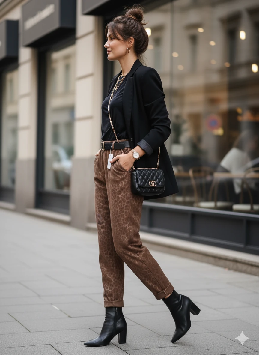 NC242976 italyan Leopar Desen Deri Pantolon Kahverengi