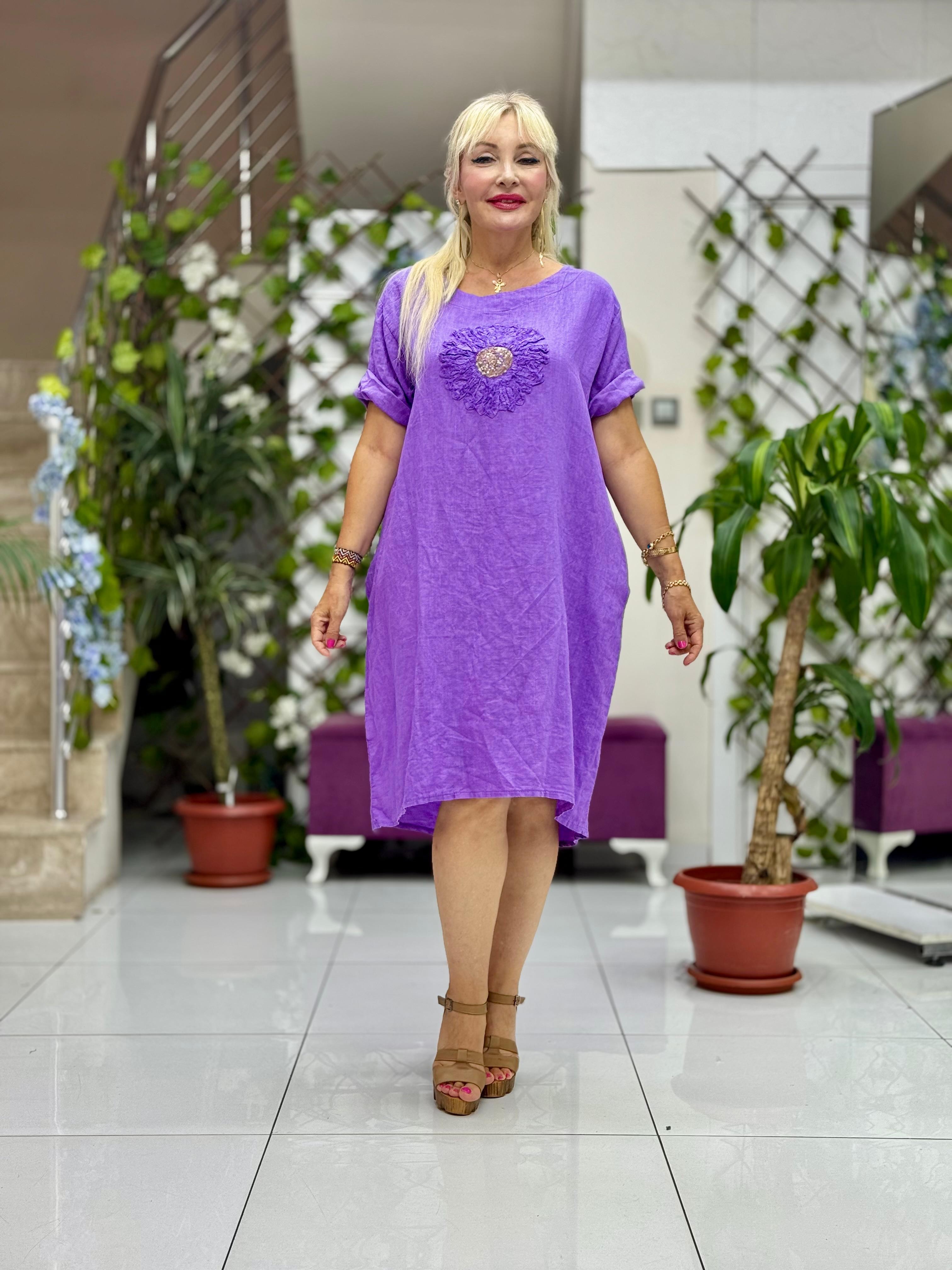 NC9015 İtalyan Çiçekli Yarım Kol Keten Elbise Mor
