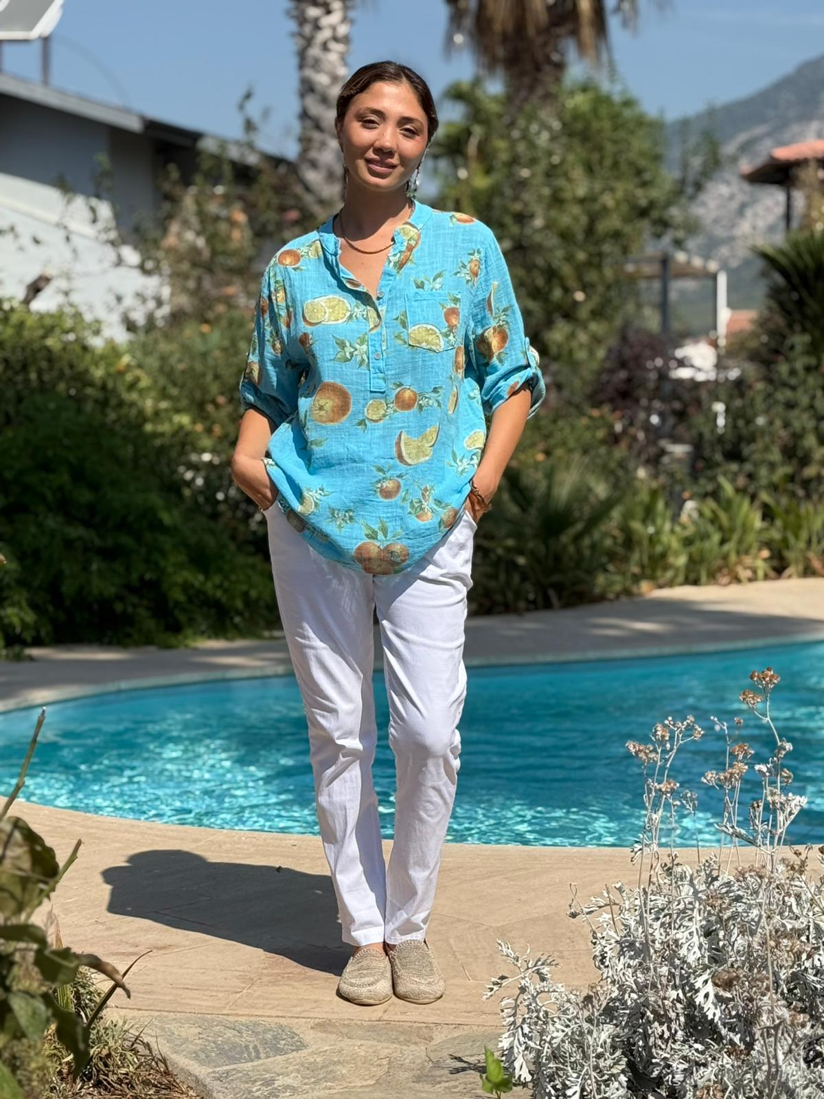 NC154553 İtalyan Pamuk Keten Bluz Turkuaz