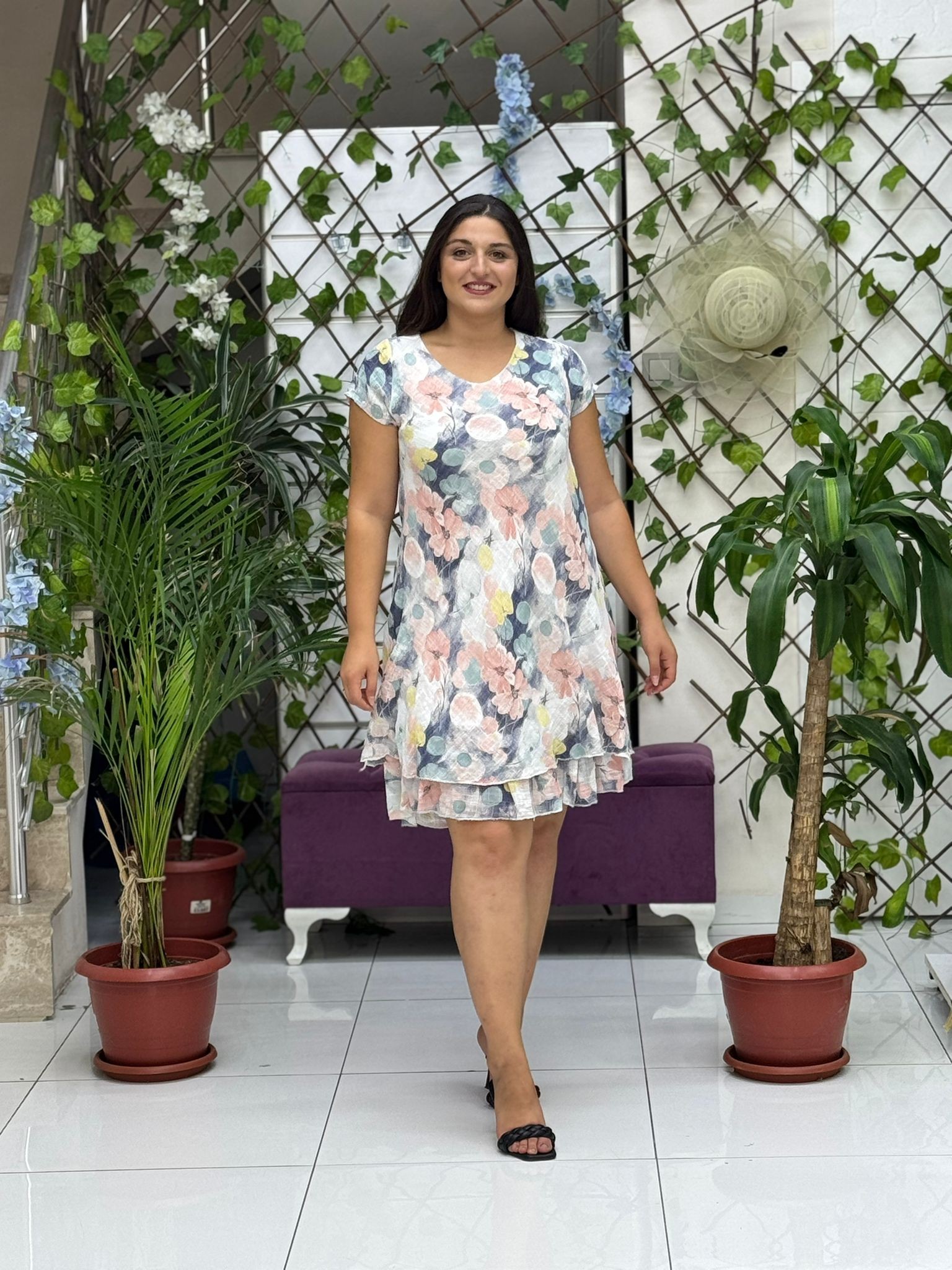 N5012-26 Vestido Italiano De Lino De Algodón Manga Corta Blanco