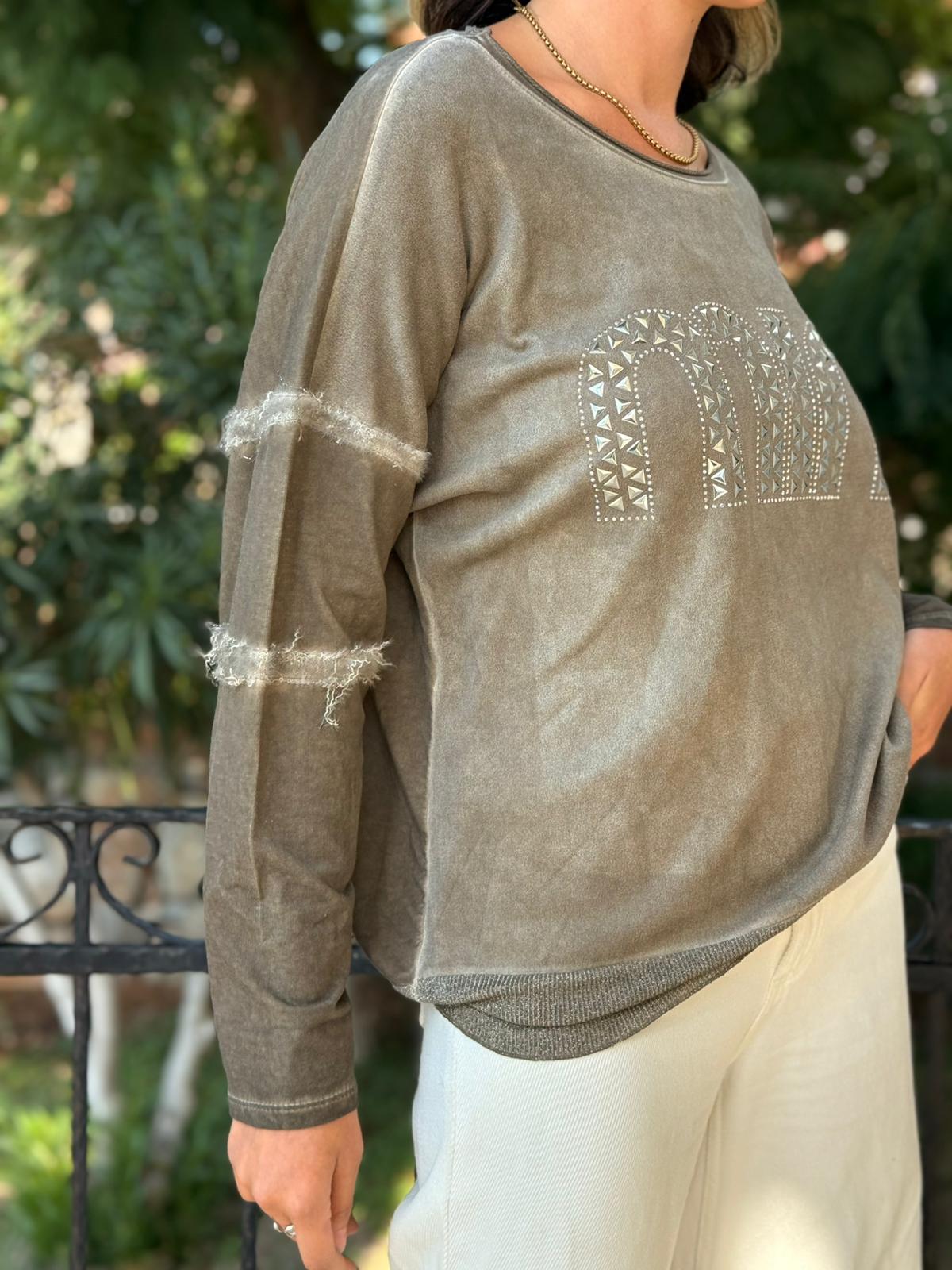 NC53659C İtalyan MIN Taşlı Coton Sweatshirt Vizon