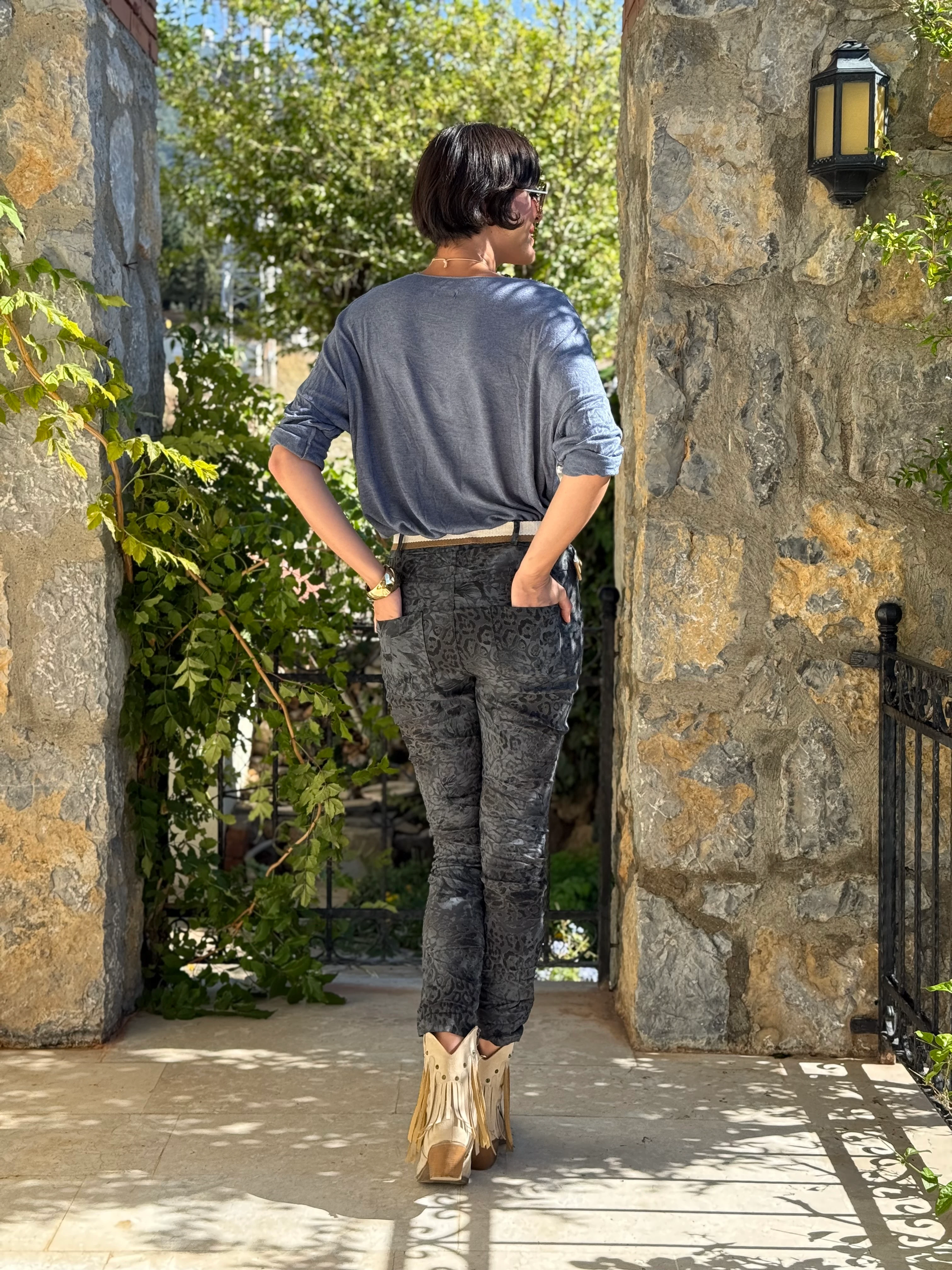 NC21980 italyan Likralı Çiçek ve Leopar desenli Pantolon Lacivert