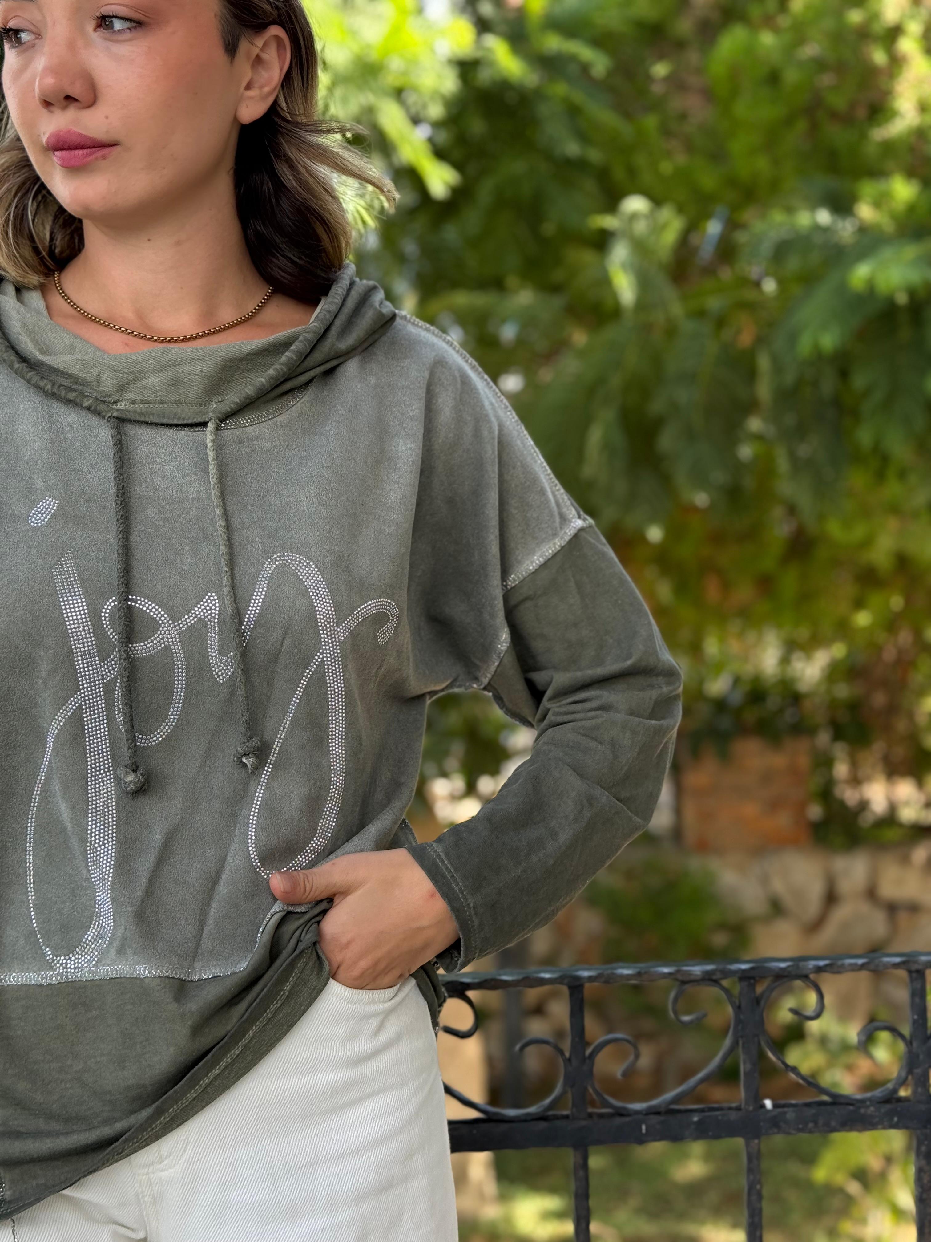 NC8533C İtalyan Joy Taşlı Kapüşonlu Coton Sweatshirt Haki