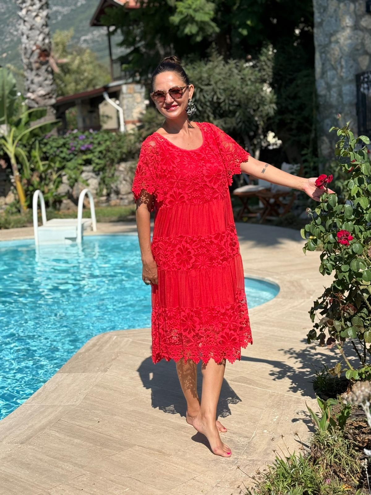 NCC10337 İtalyan İpek Elbise kırmızı