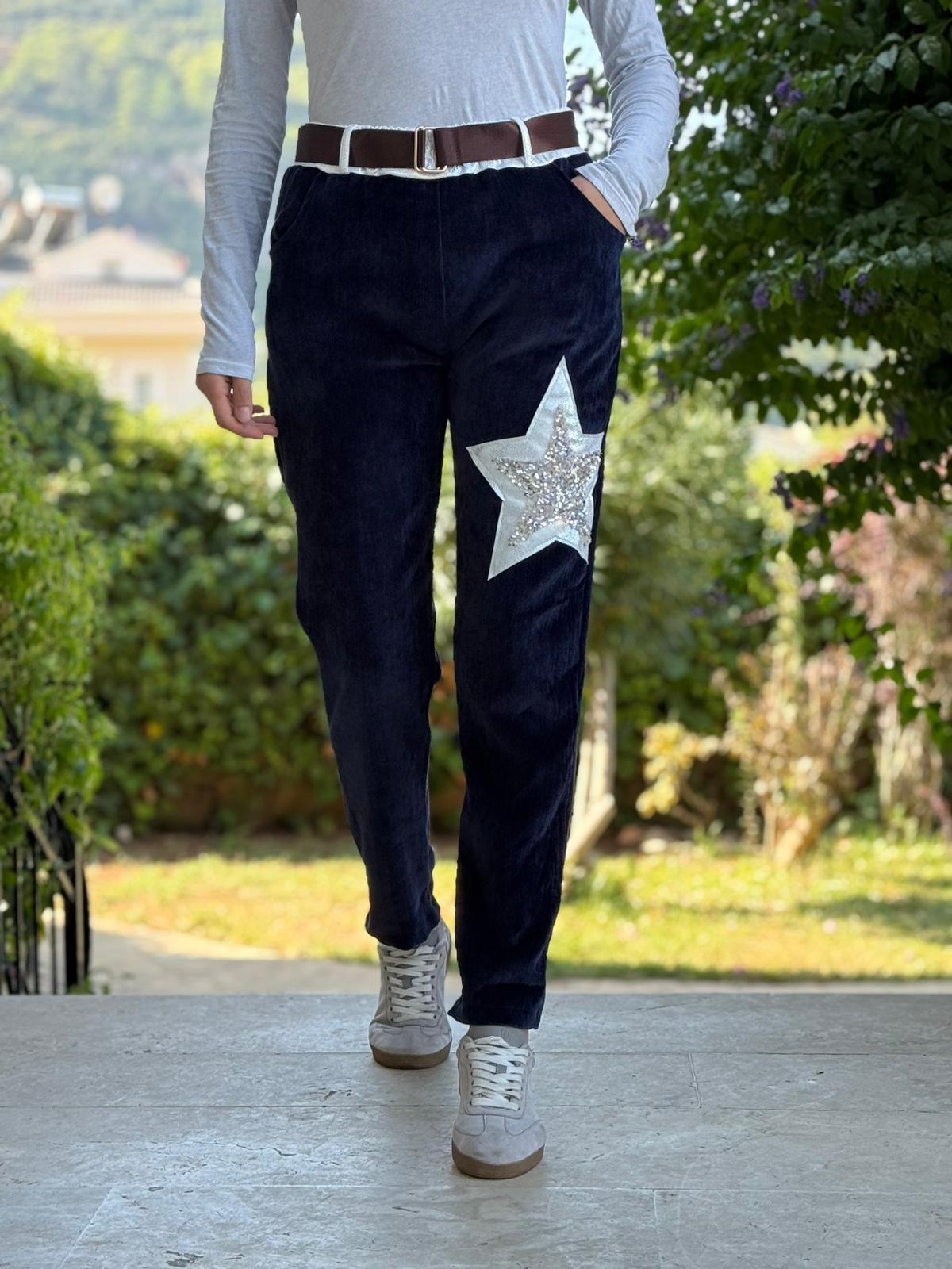 LS12520 İtalyan Yıldız Taşlı Kadife Pantolon Lacivert