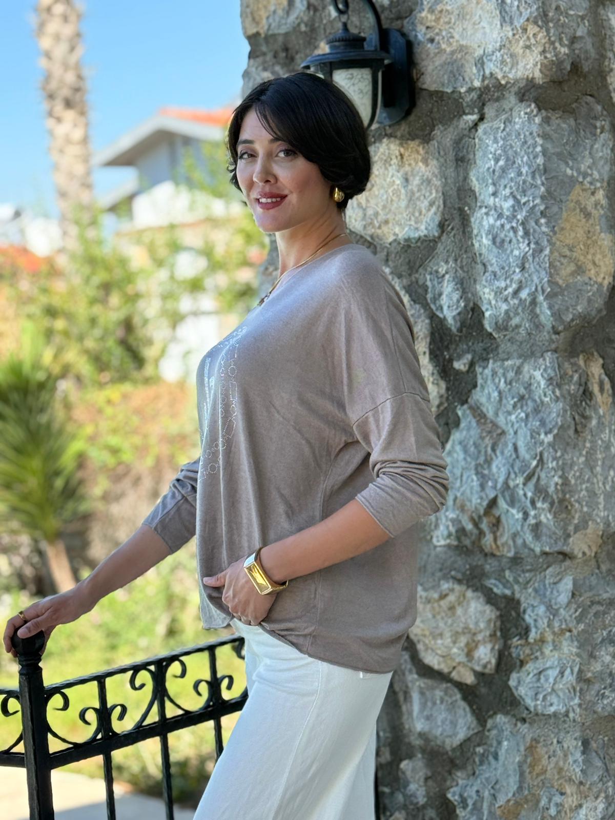 FXLS82681 İtalyan Taş Baskılı Triko Bluz Vizon