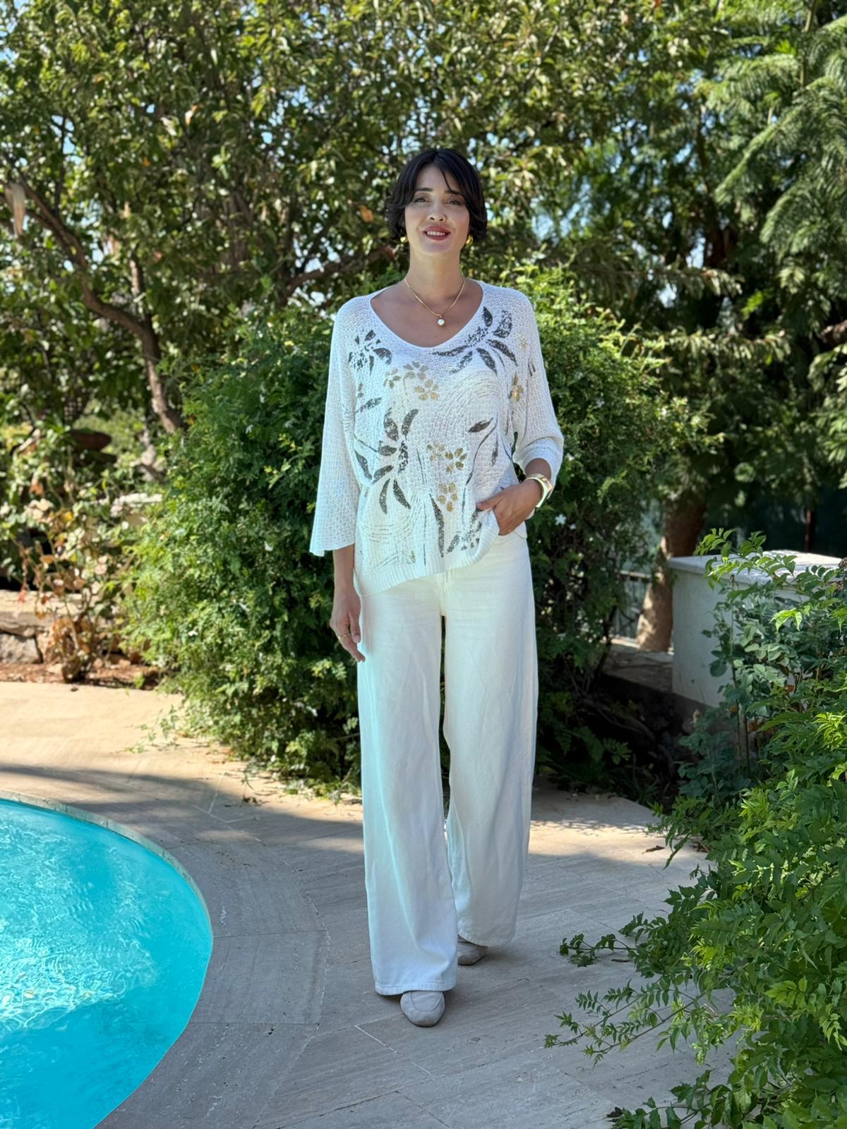 LS7514 İtalyan Yaprak Desen Triko Bluz Beyaz