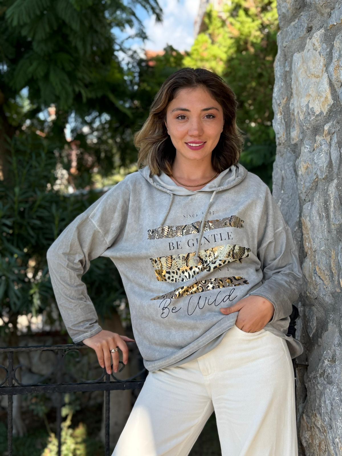 NC56152 İtalyan Leopar Baskılı Kapüşonlu Sweatshirt Gri