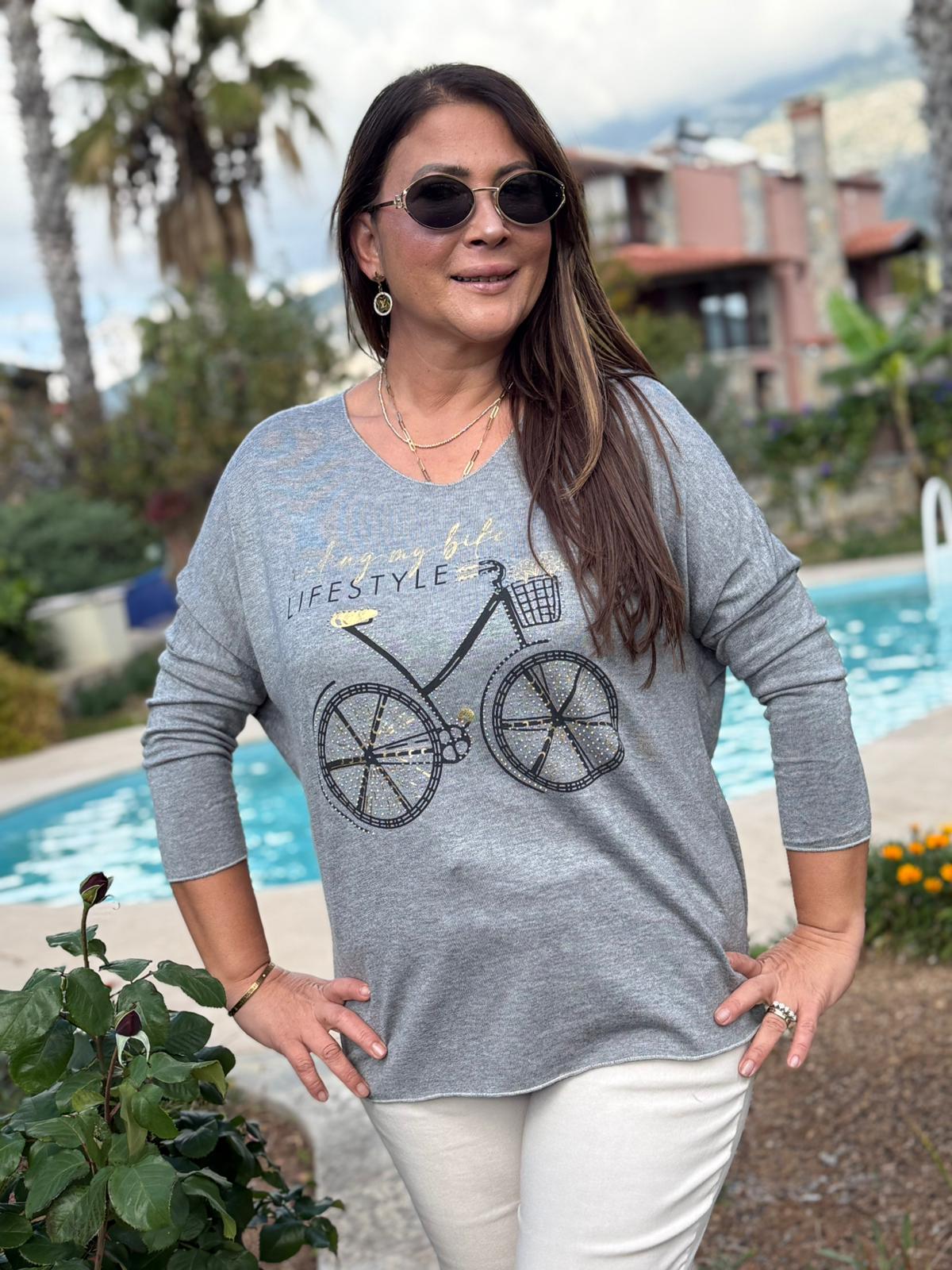 YG1095 V Yaka Bisiklet Baskılı İtalyan Triko Bluz Gri