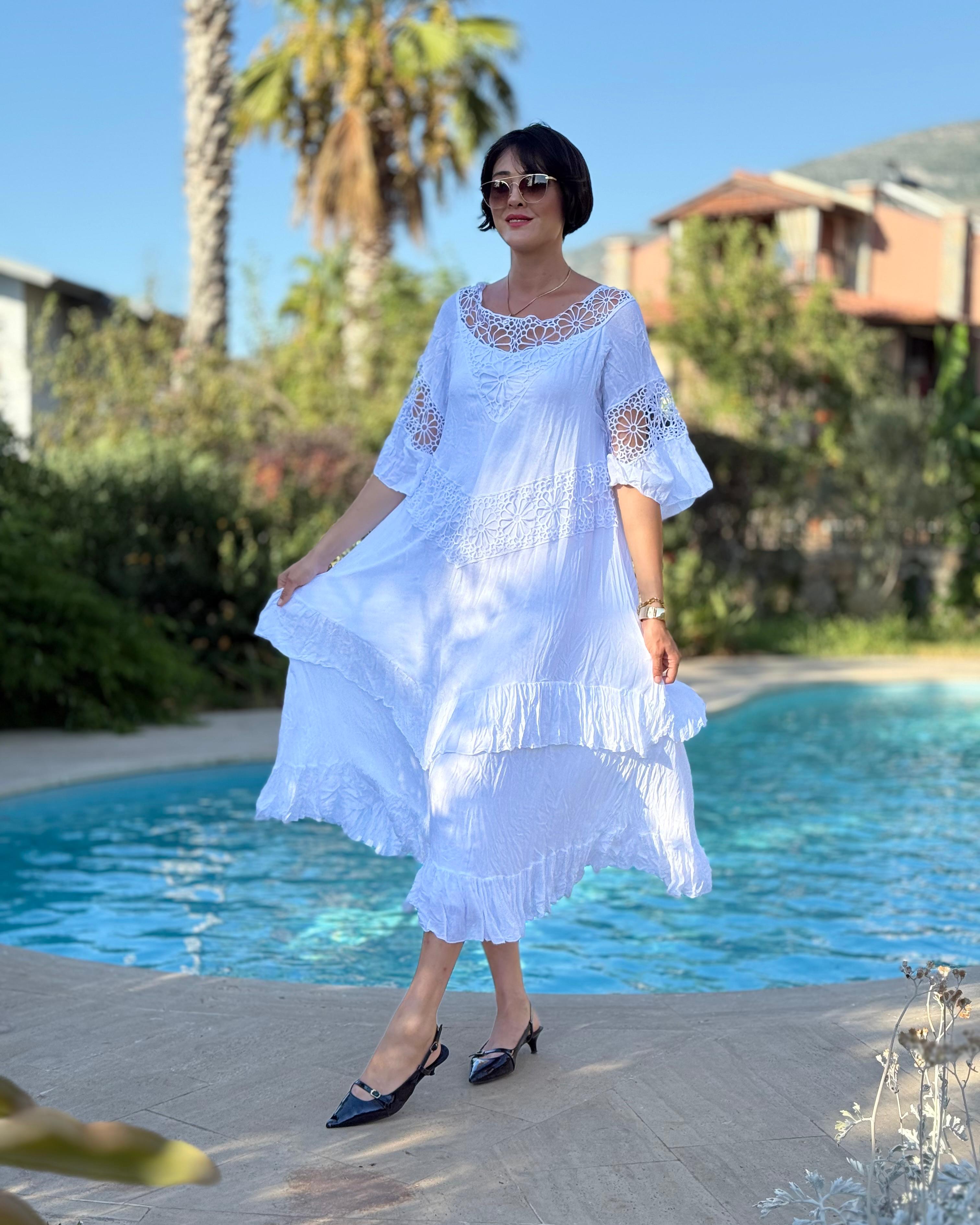 VL12008 Yaka Detay Vual Elbise Beyaz