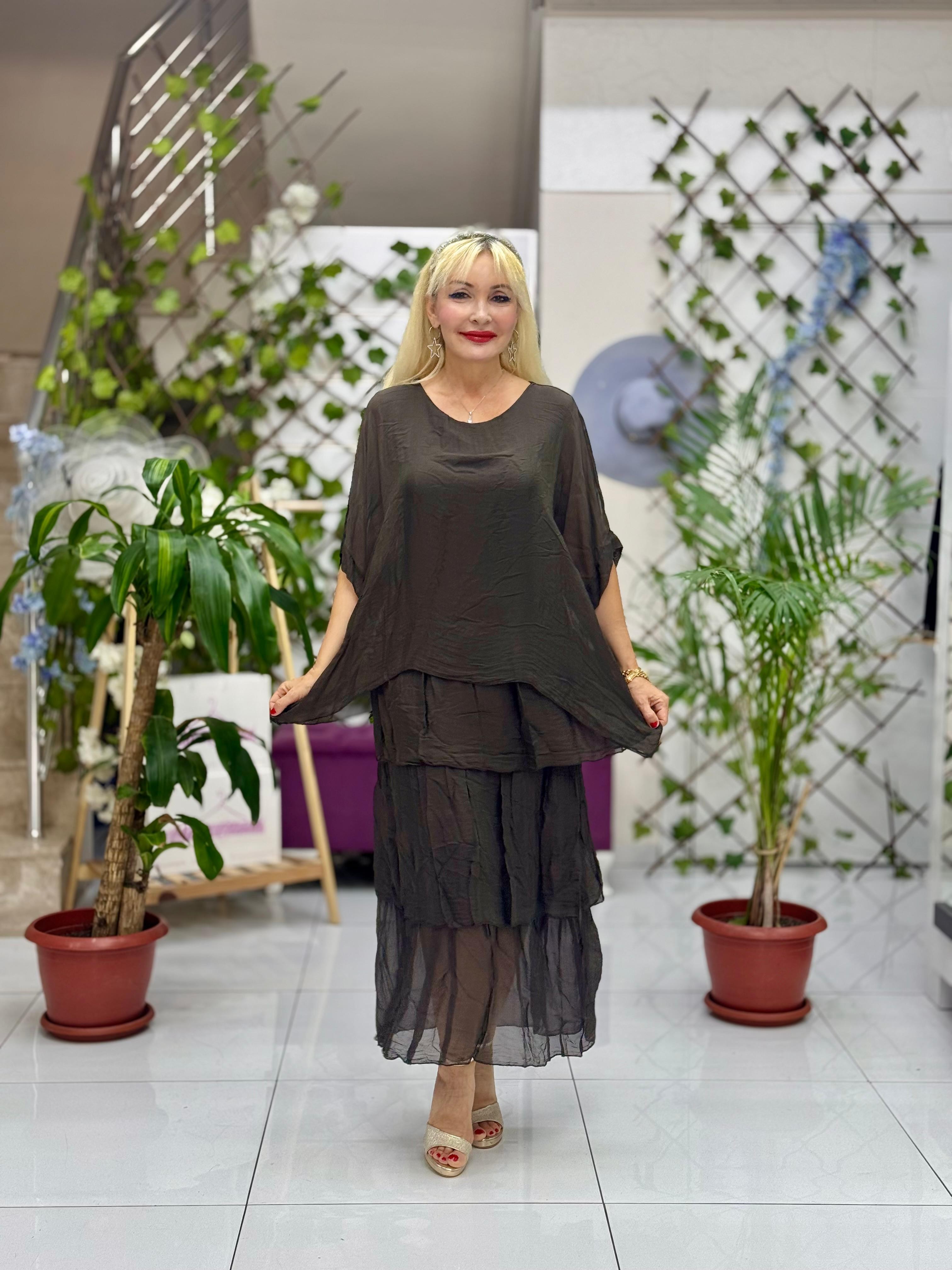 YG2060 İtalyan İpek Elbise Kahve