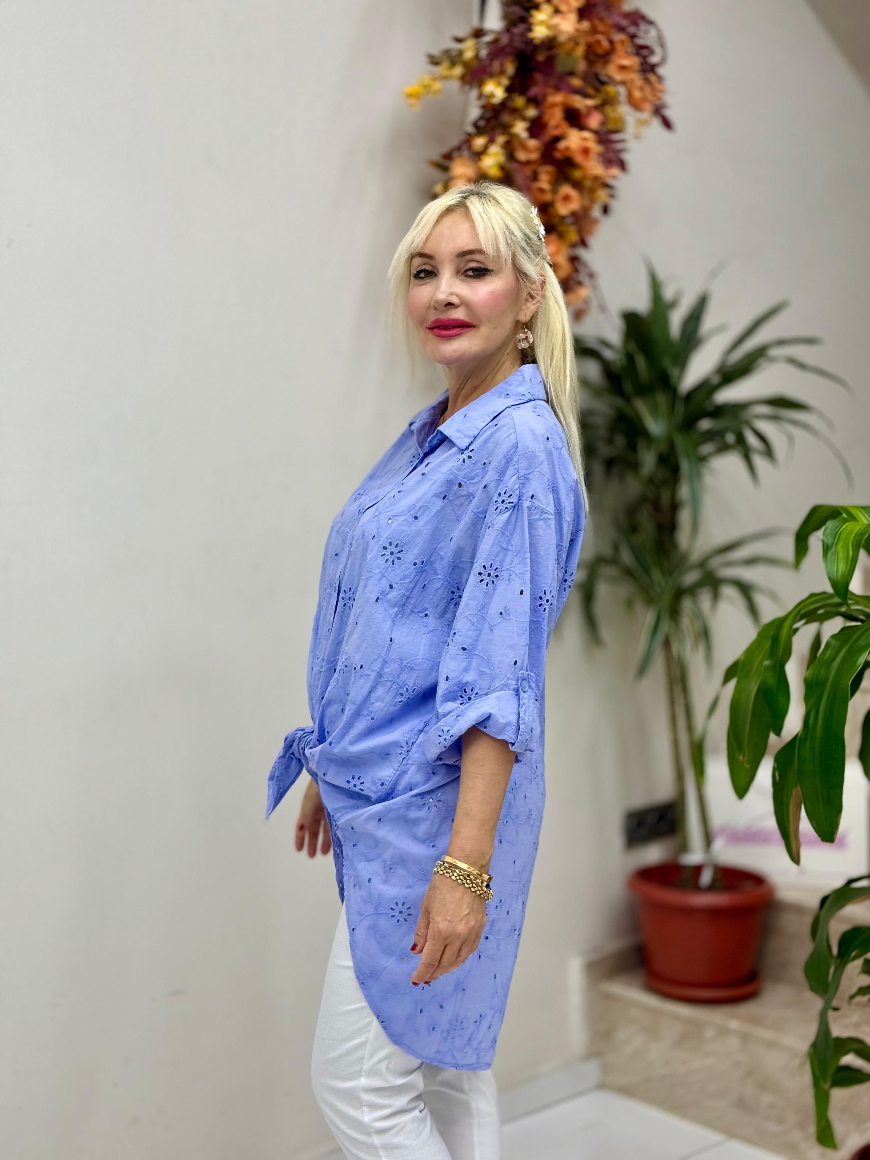 YG1360 İtalyan Brodeli Tunik Gömlek Mavi