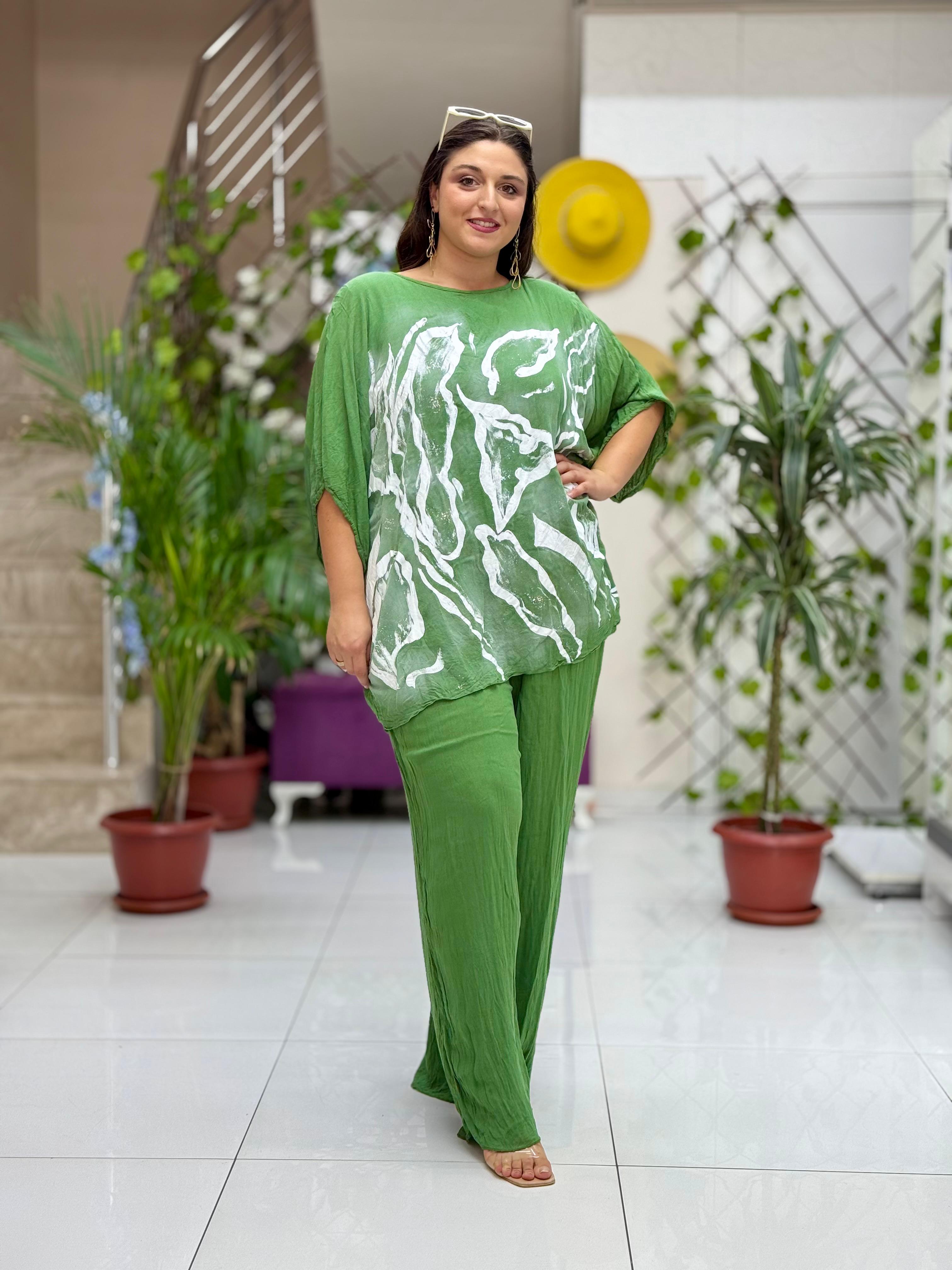 VL3159 %100 Vual Pamuk Bluz Pantolon Takım Haki
