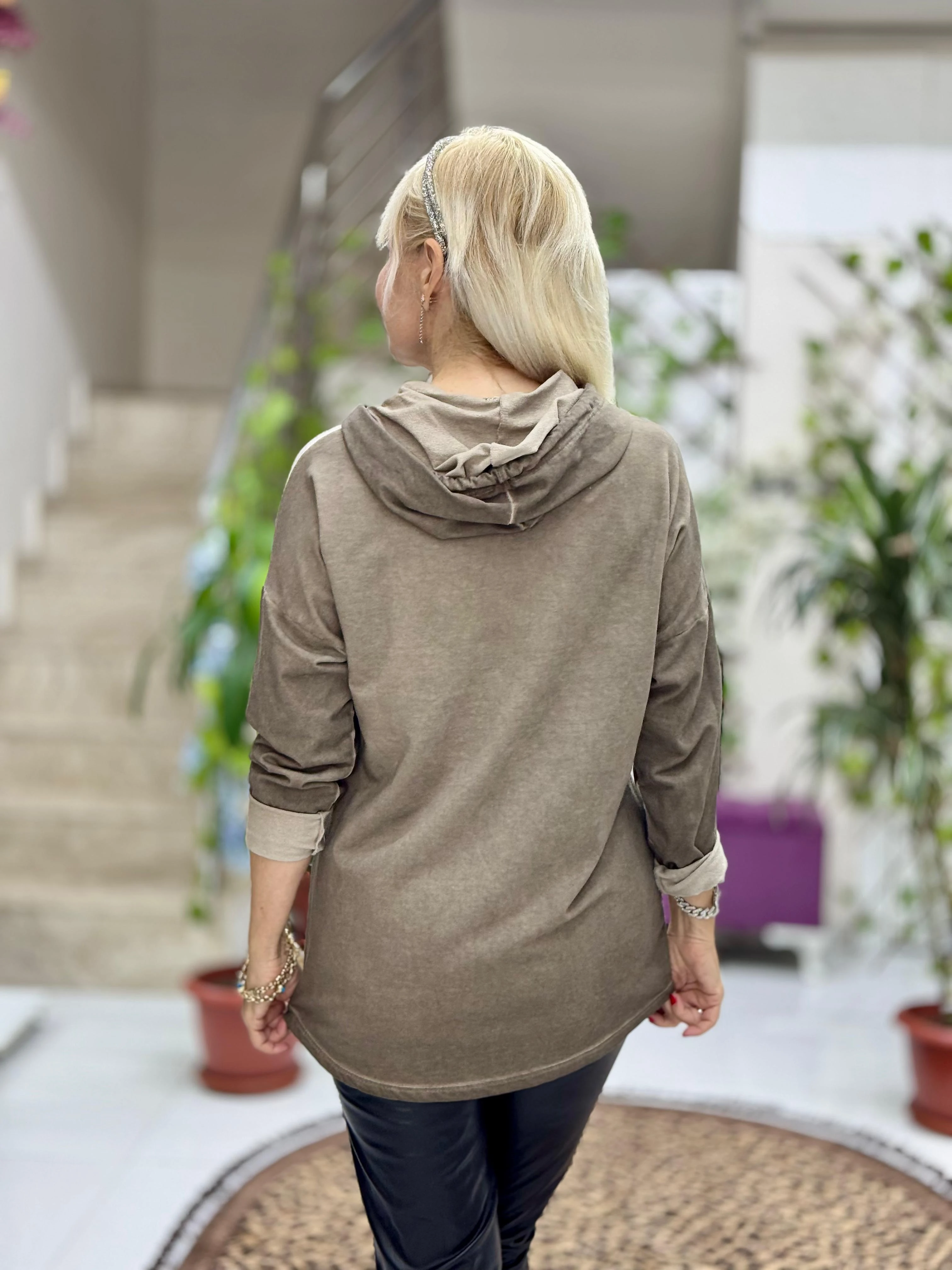 NC56868 İtalyan Enjoy Yazılı Kapüşonlu Coton Sweatshirt Kahverengi