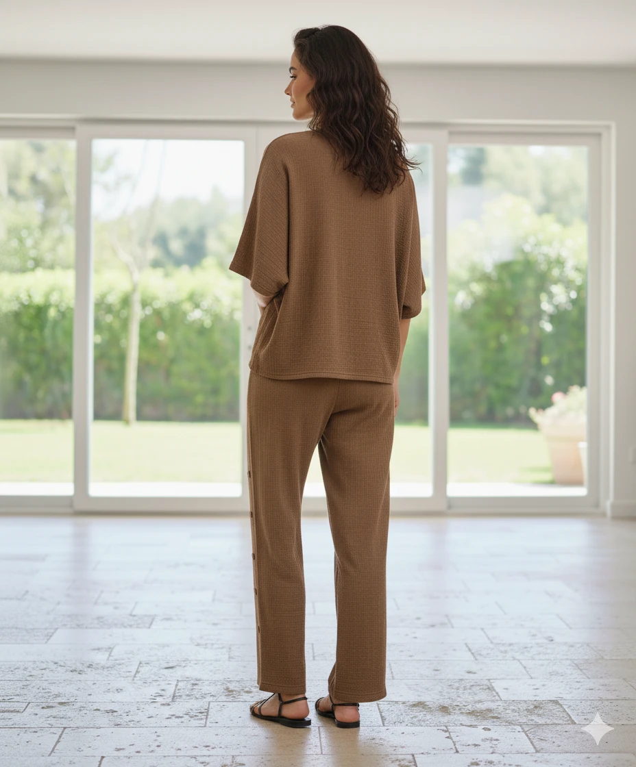 AY23766 Önü Büzgülü Pantolonu Yırtmaçlı Müslin Takım Kahve