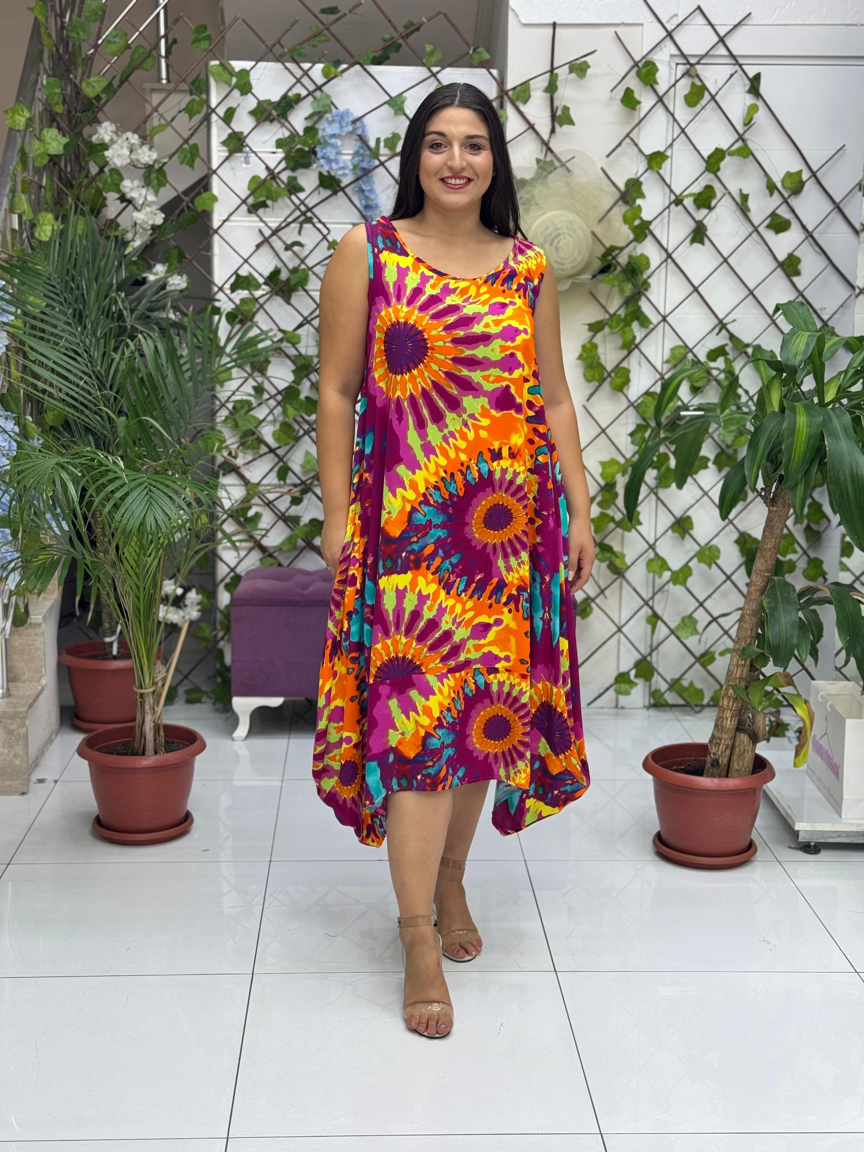 BD13301 Viskon Kolsuz Bodrum Batikli Elbise