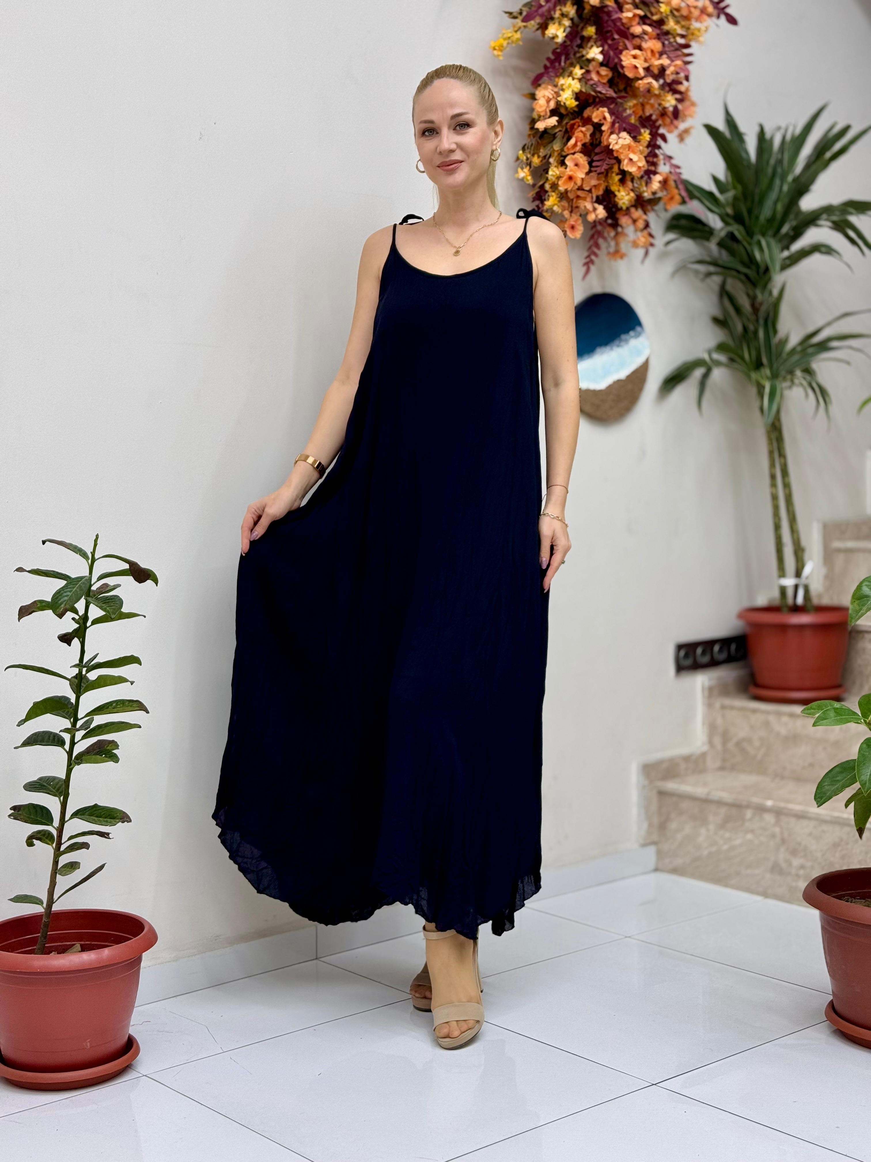 VL11199 Askılı Düz Vual Elbise Siyah