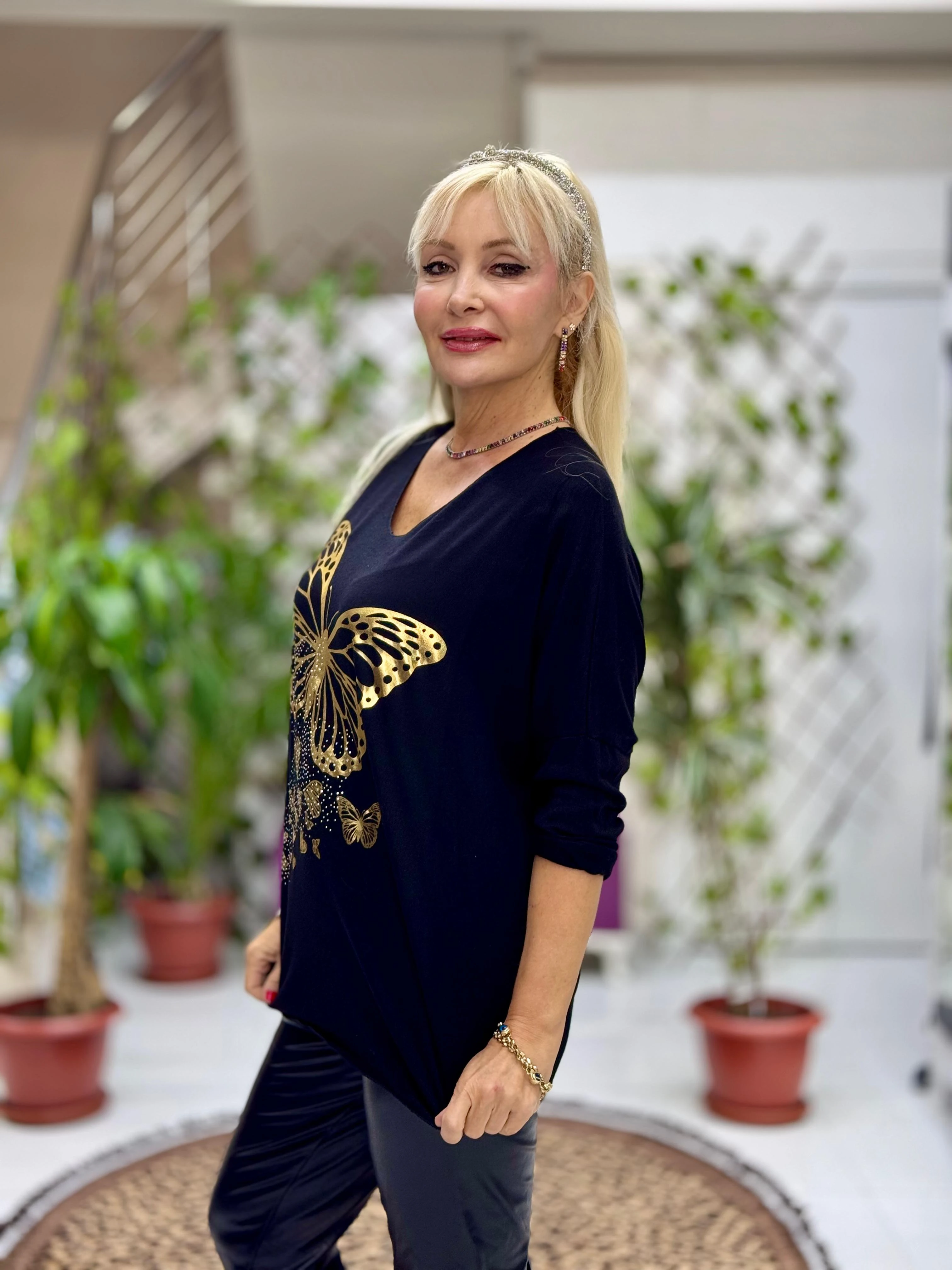 YG59100 İtalyan Taşlı ve Kelebek Baskılı Triko Bluz Siyah