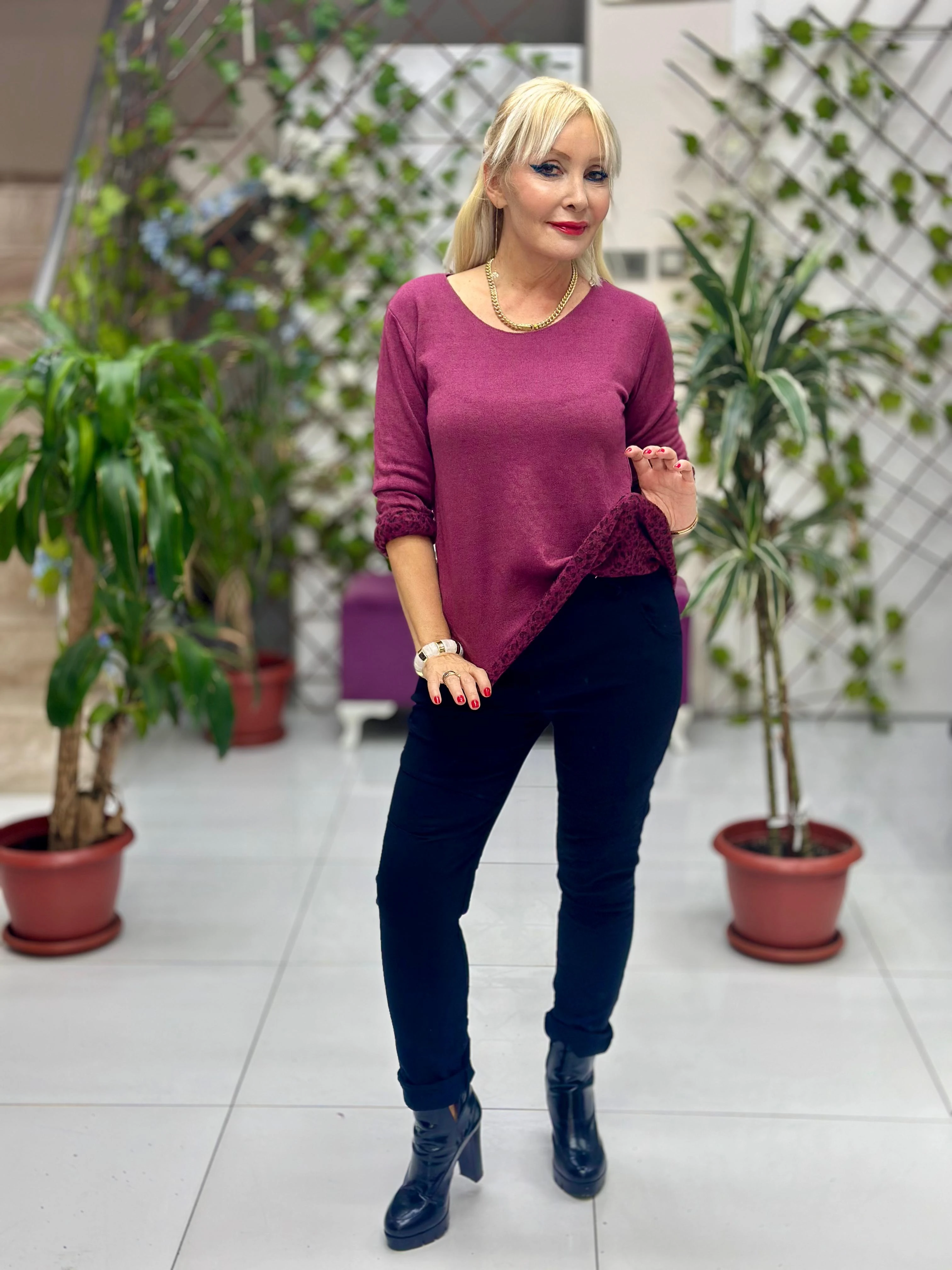 NC218181 İçi Leoparlı Yuvarlak Yaka Triko Büyük Kalıp Bluz Vişne