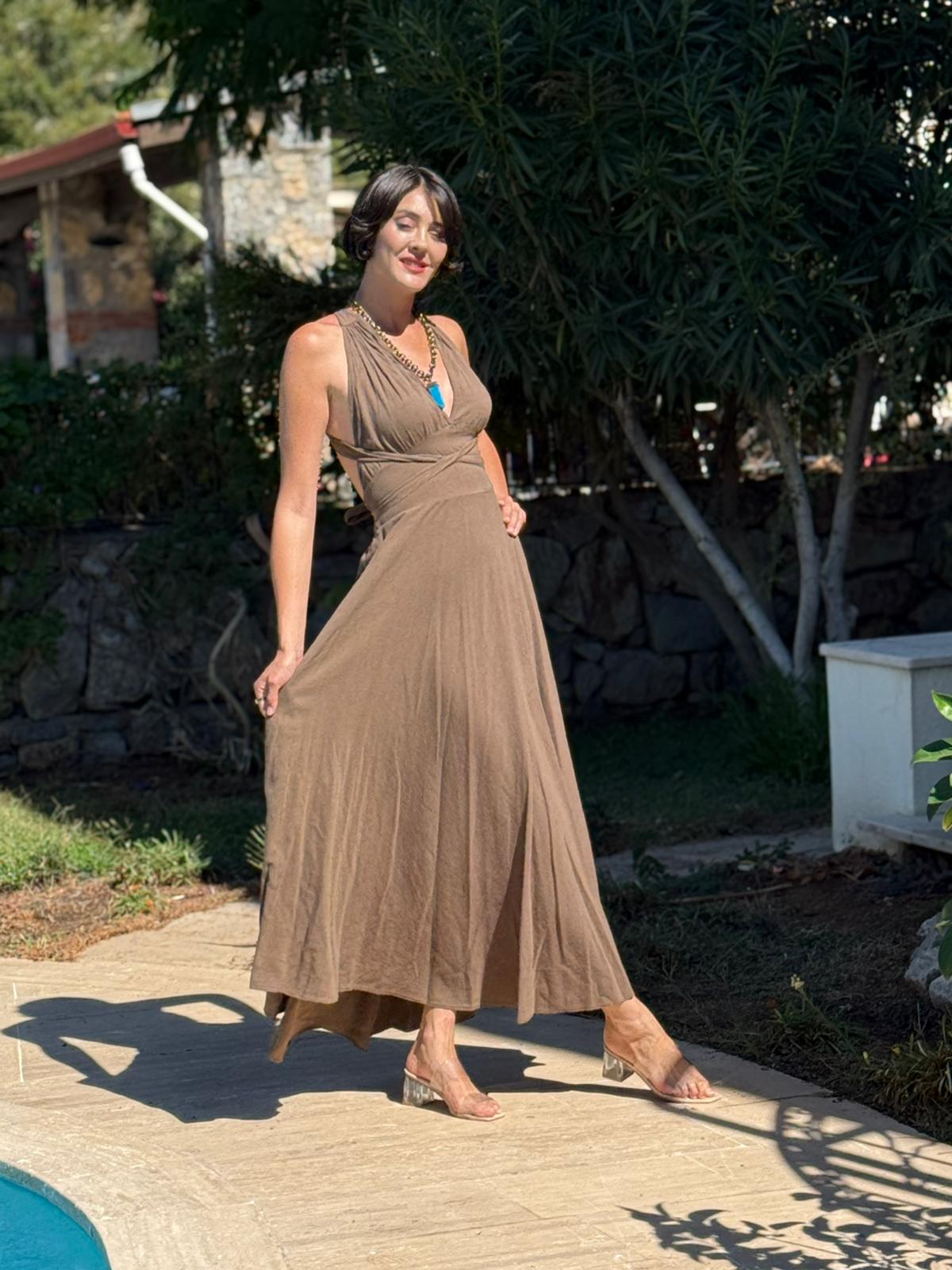 PT25071 Omuz Bağlamalı Belden Kuşaklı Sırtı Açık Coton Elbise Kahverengi