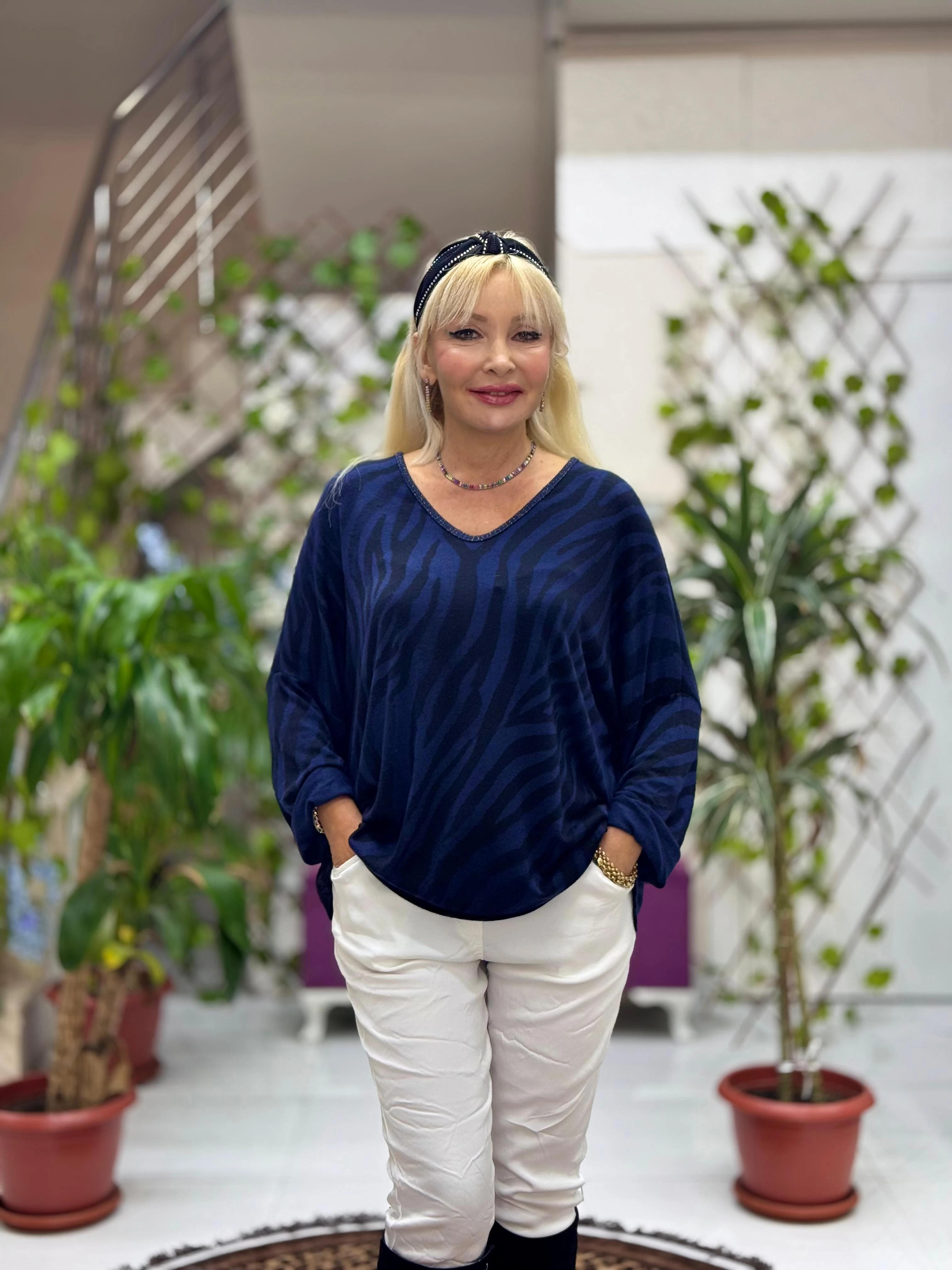 YG13003 Zebra Desen V Yaka Simli İtalyan Triko Bluz Lacivert