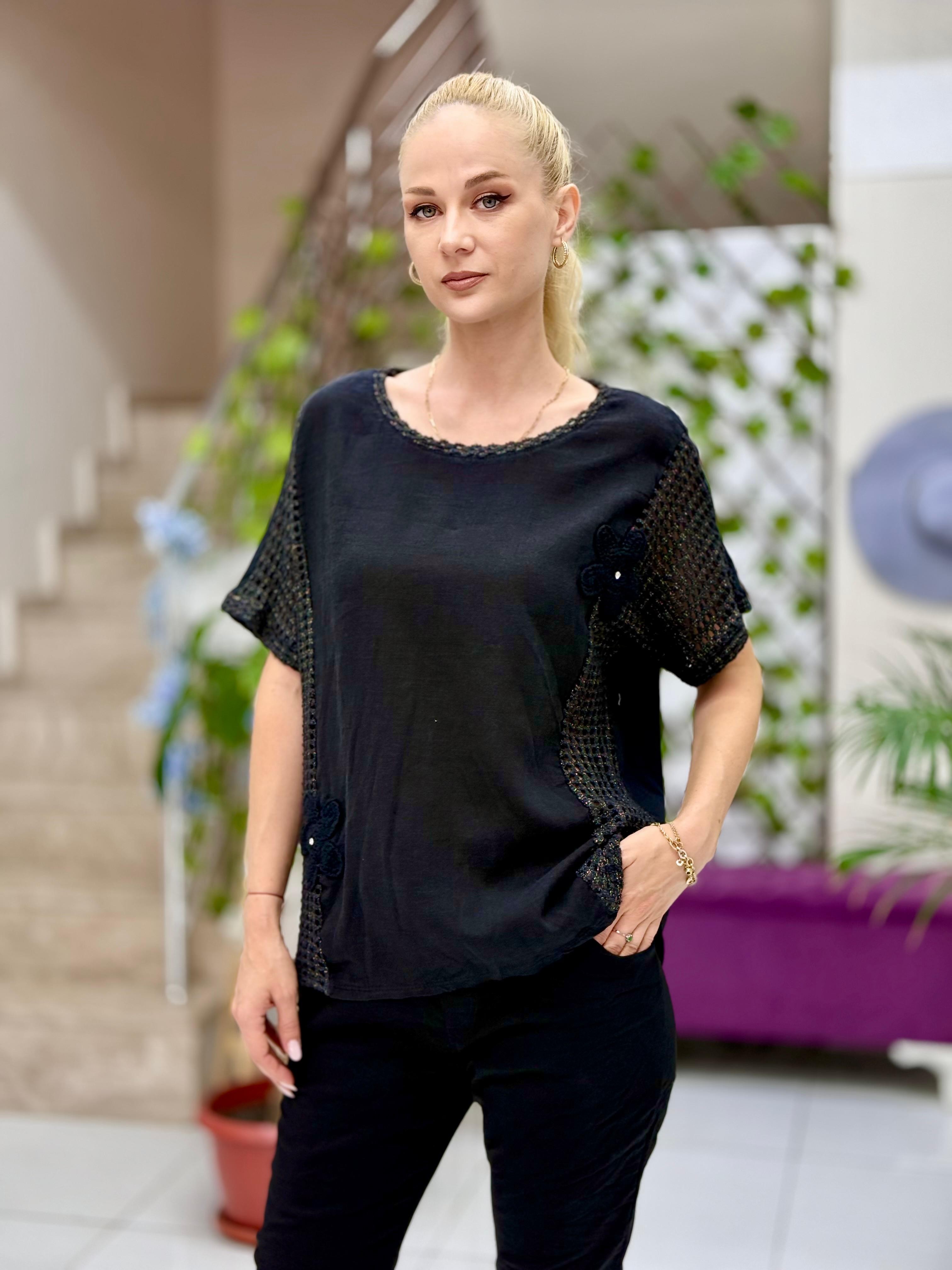 NC52863 İtalyan Fileli Güpürlü Keten Bluz Siyah