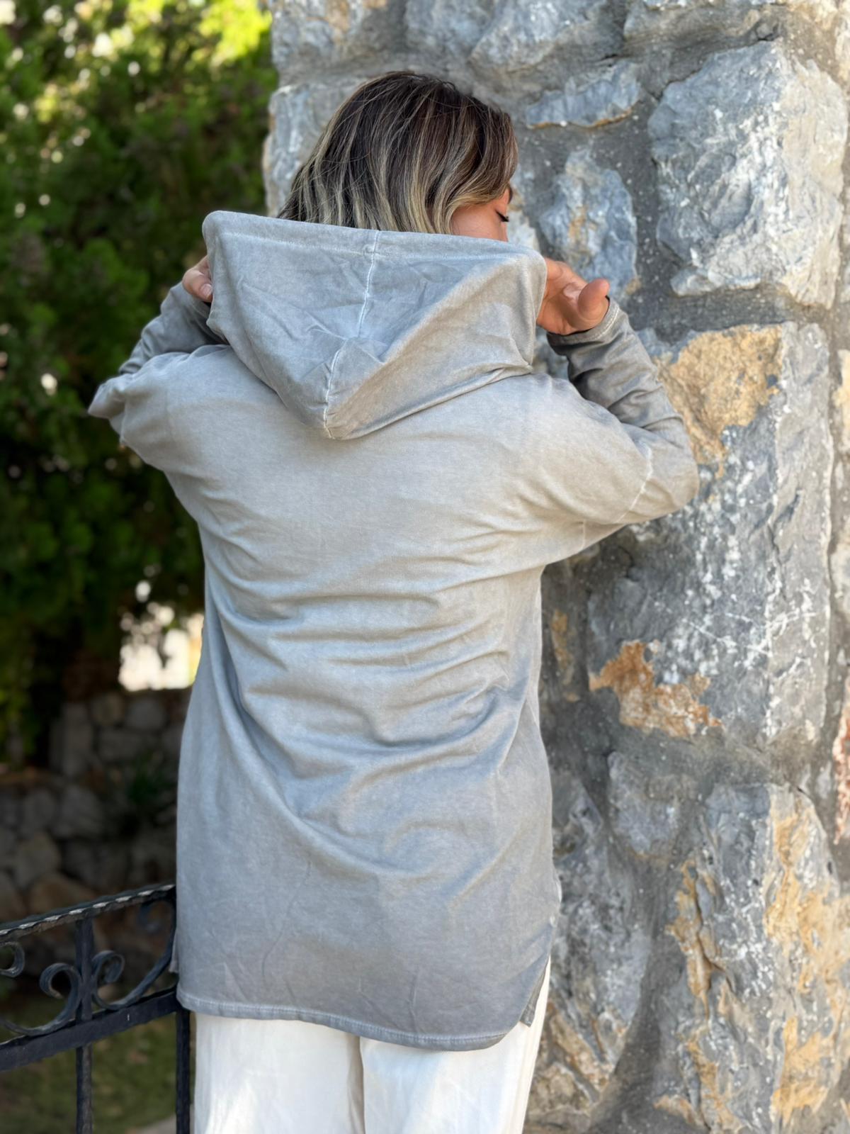 NC56152 İtalyan Leopar Baskılı Kapüşonlu Sweatshirt Gri