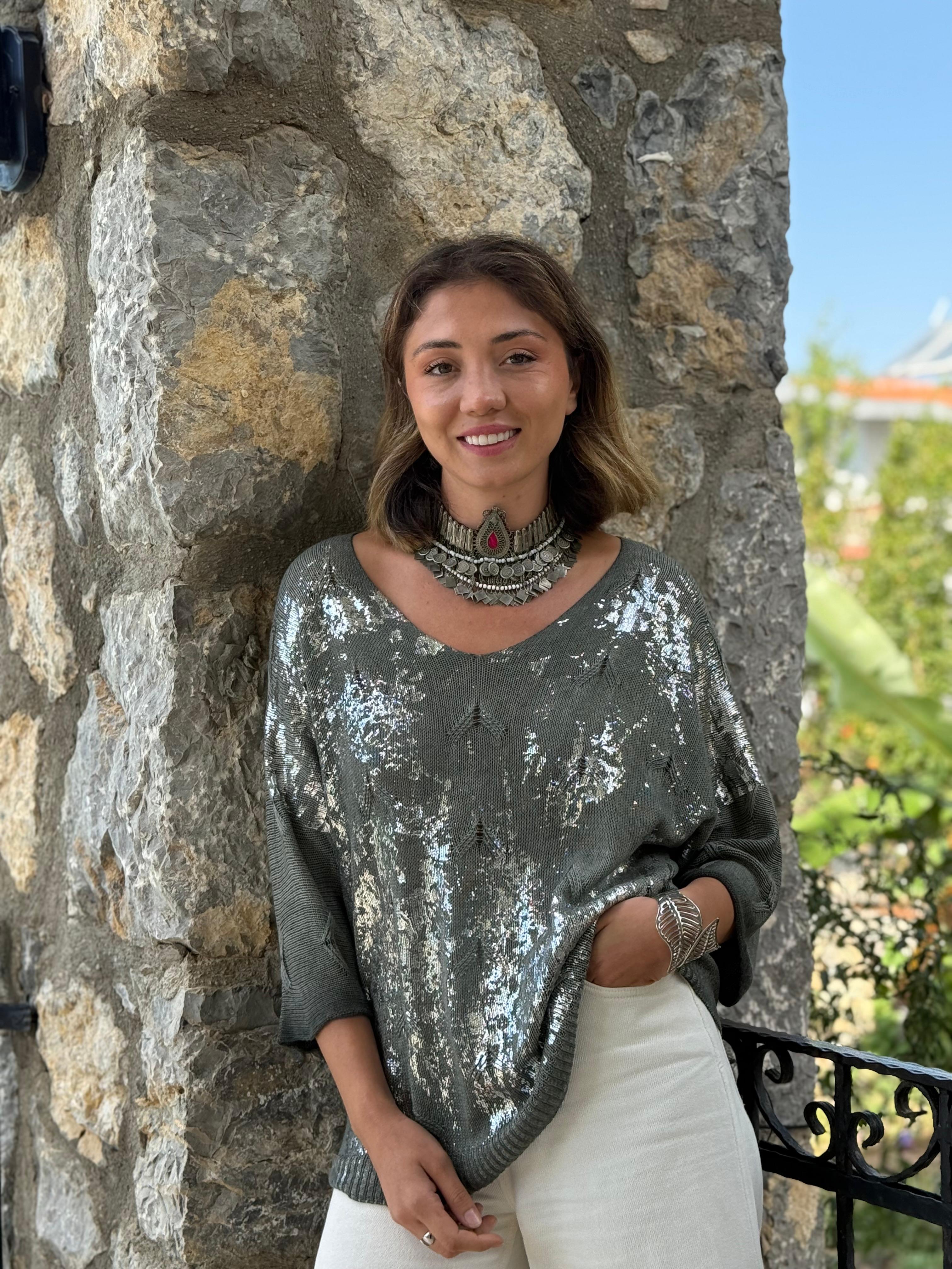 NC6016 İtalyan Fakir Kol Baskılı İnce Triko Bluz Haki