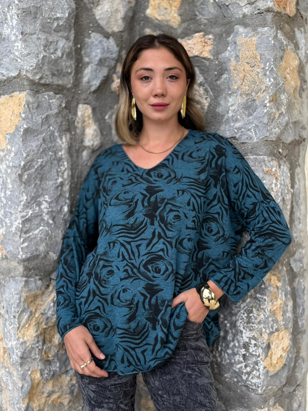 NC1128A İtalyan V Yaka Gül Desenli Triko Bluz Petrol