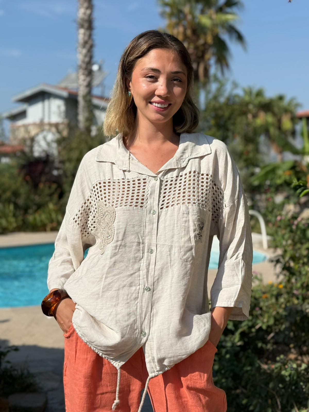 N23003 Blusa Lino Algodón Italiano Visón