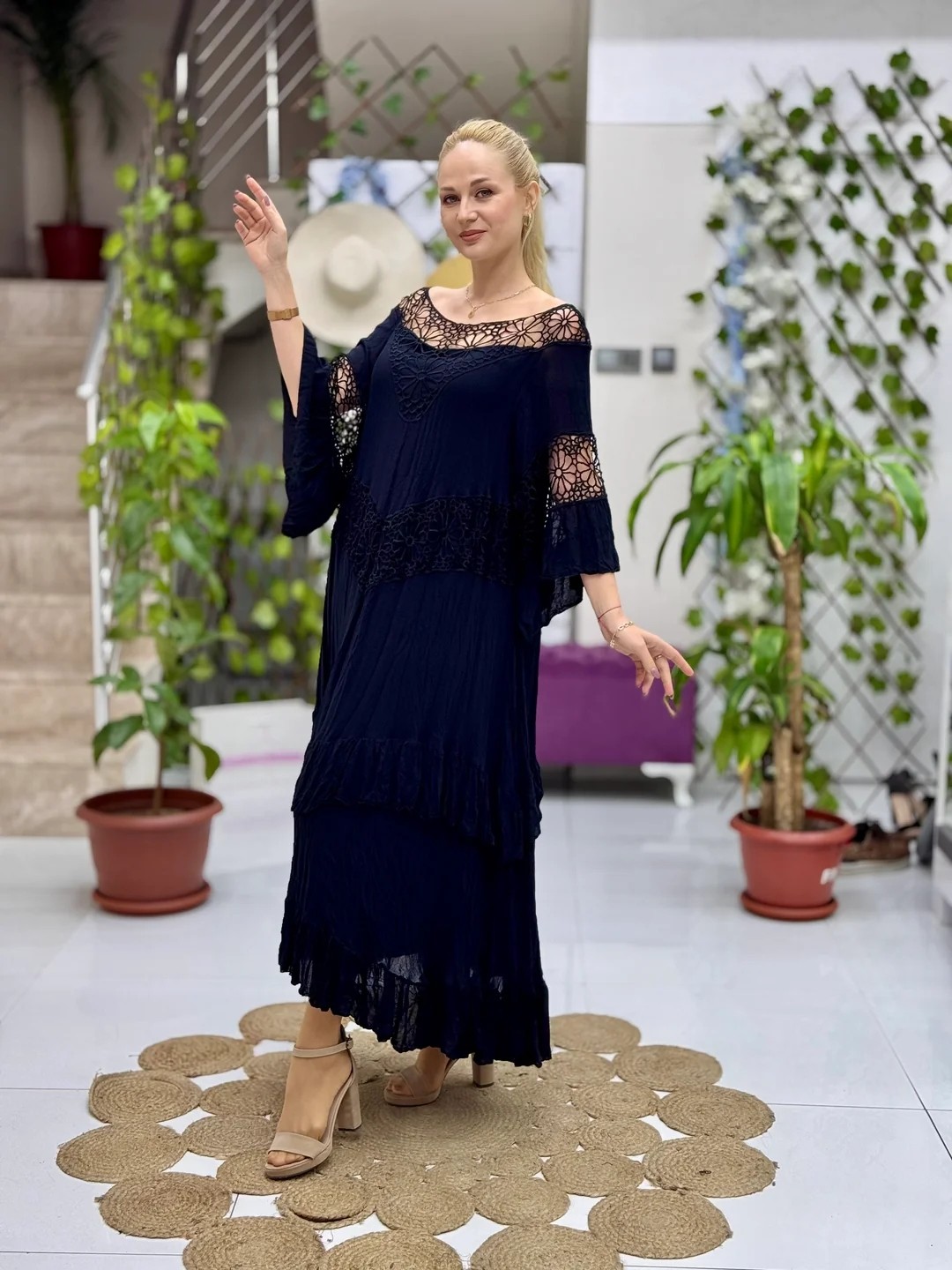 M1208 Vestido Voile Detalle Cuello Turquesa