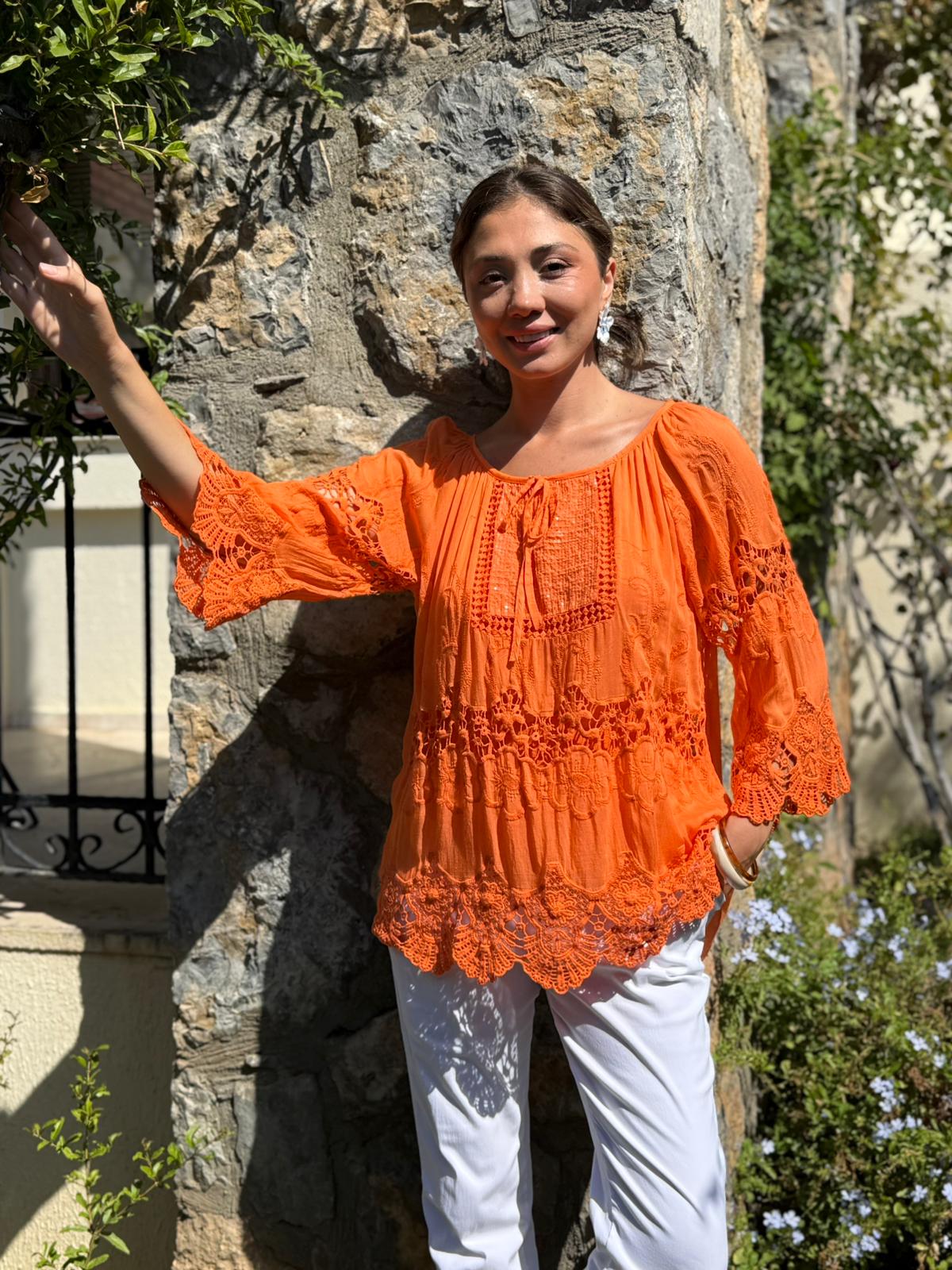 NC20428 İtalyan Klasik İpek Bluz Oranj