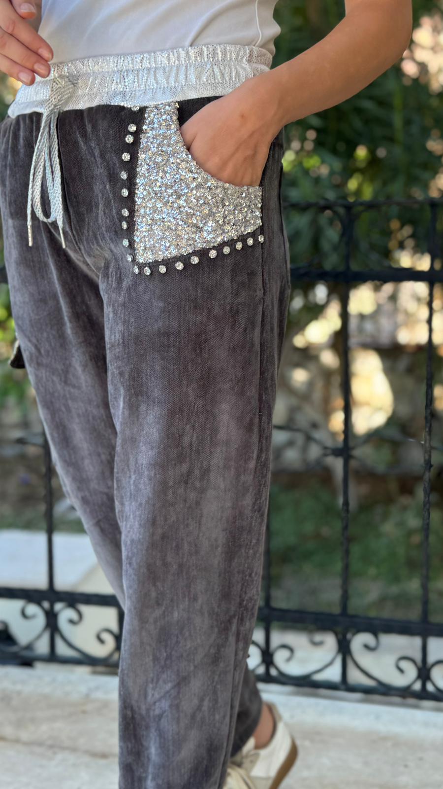LS13220 İtalyan Cebi Taşlı Kadife Pantolon Füme