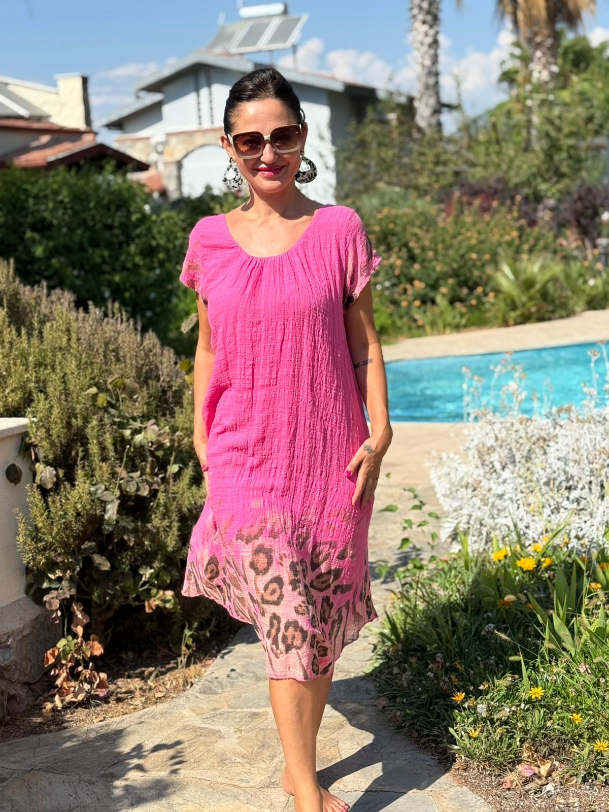 NC50848 İtalyan Pamuk Keten Astarlı Elbise Pembe