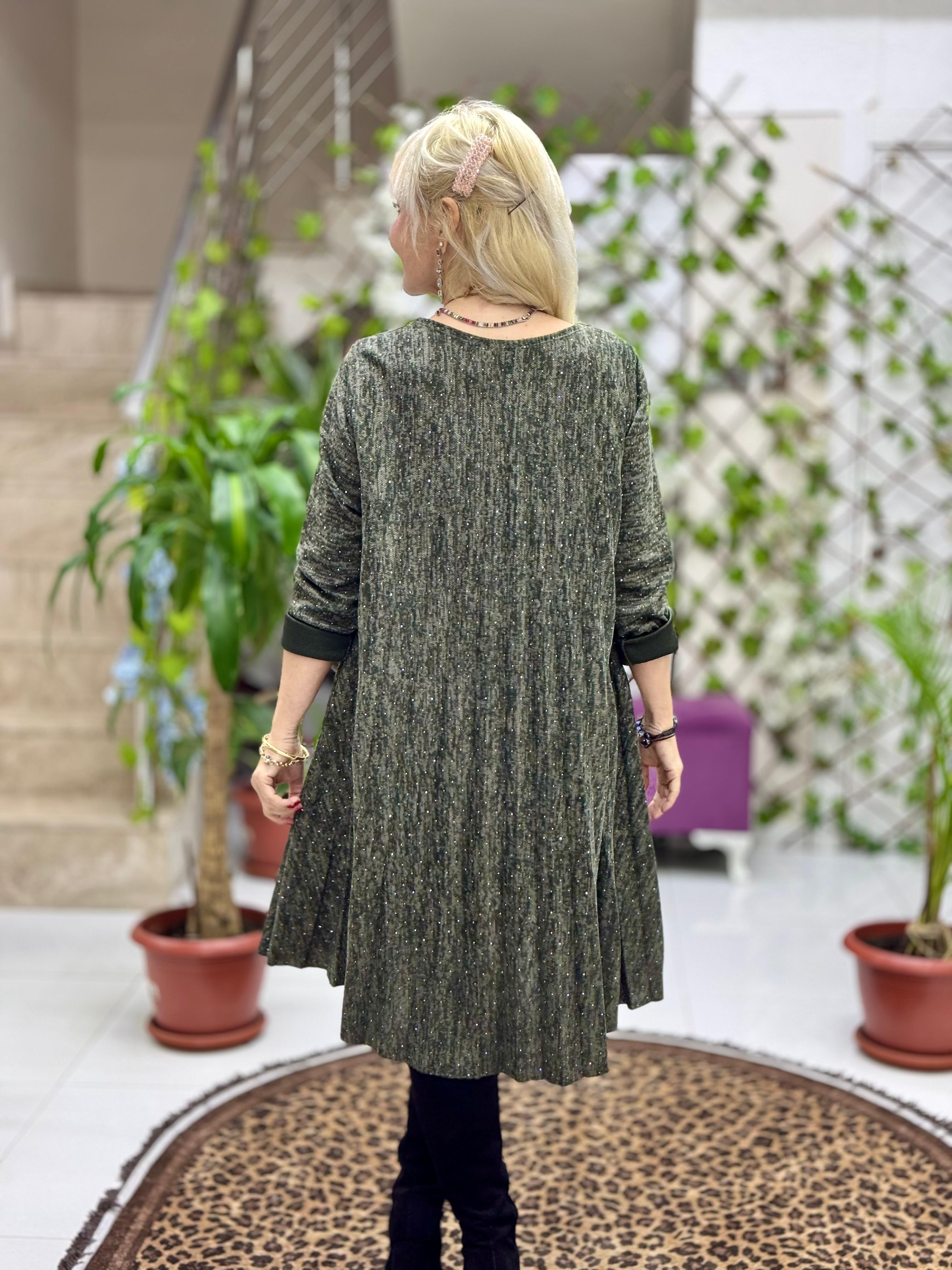 NC21419 Kolyeli Taşlı Pileli İtalyan Triko Elbise Haki