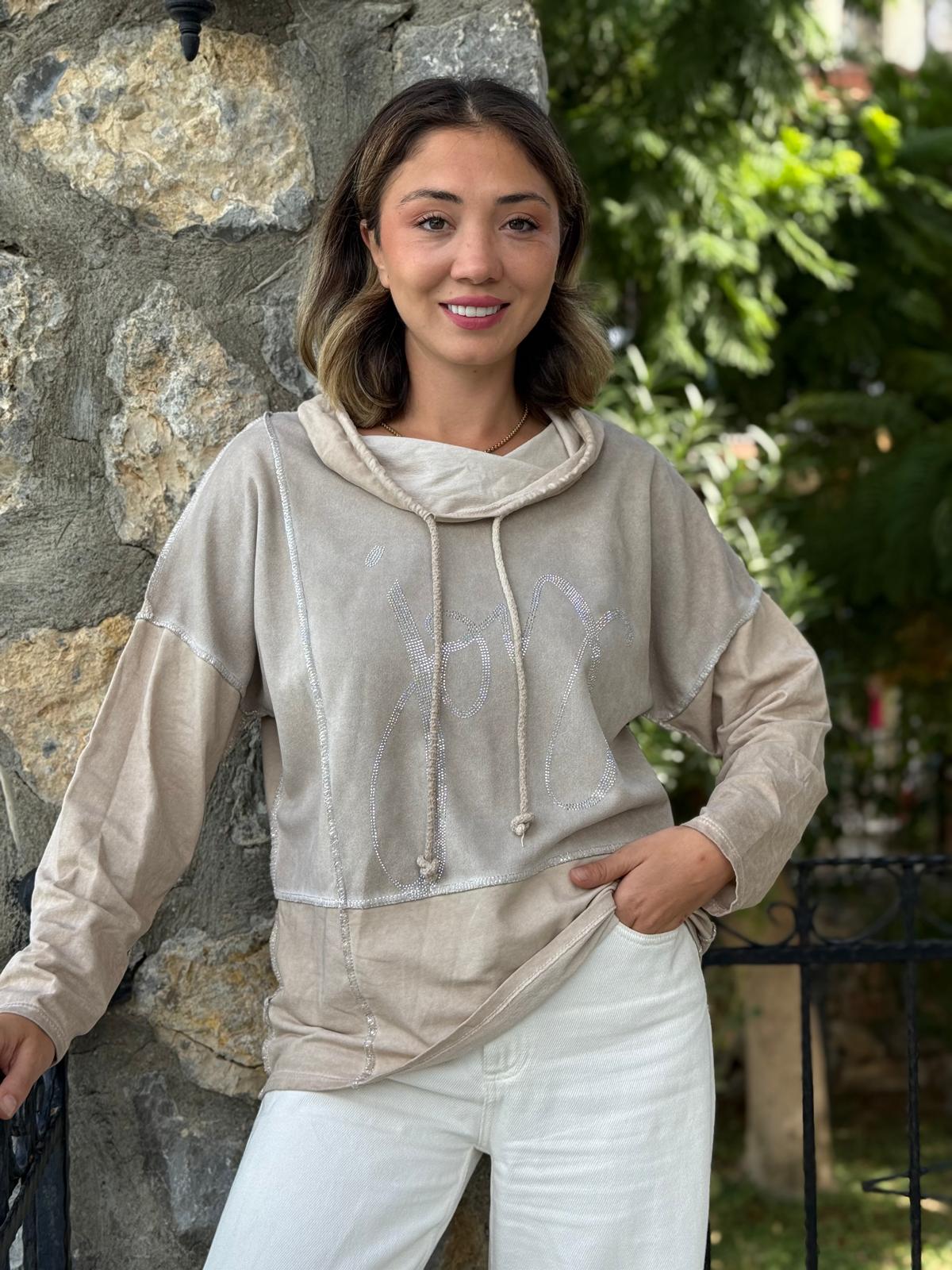 NC8533C İtalyan Joy Taşlı Kapüşonlu Coton Sweatshirt Krem