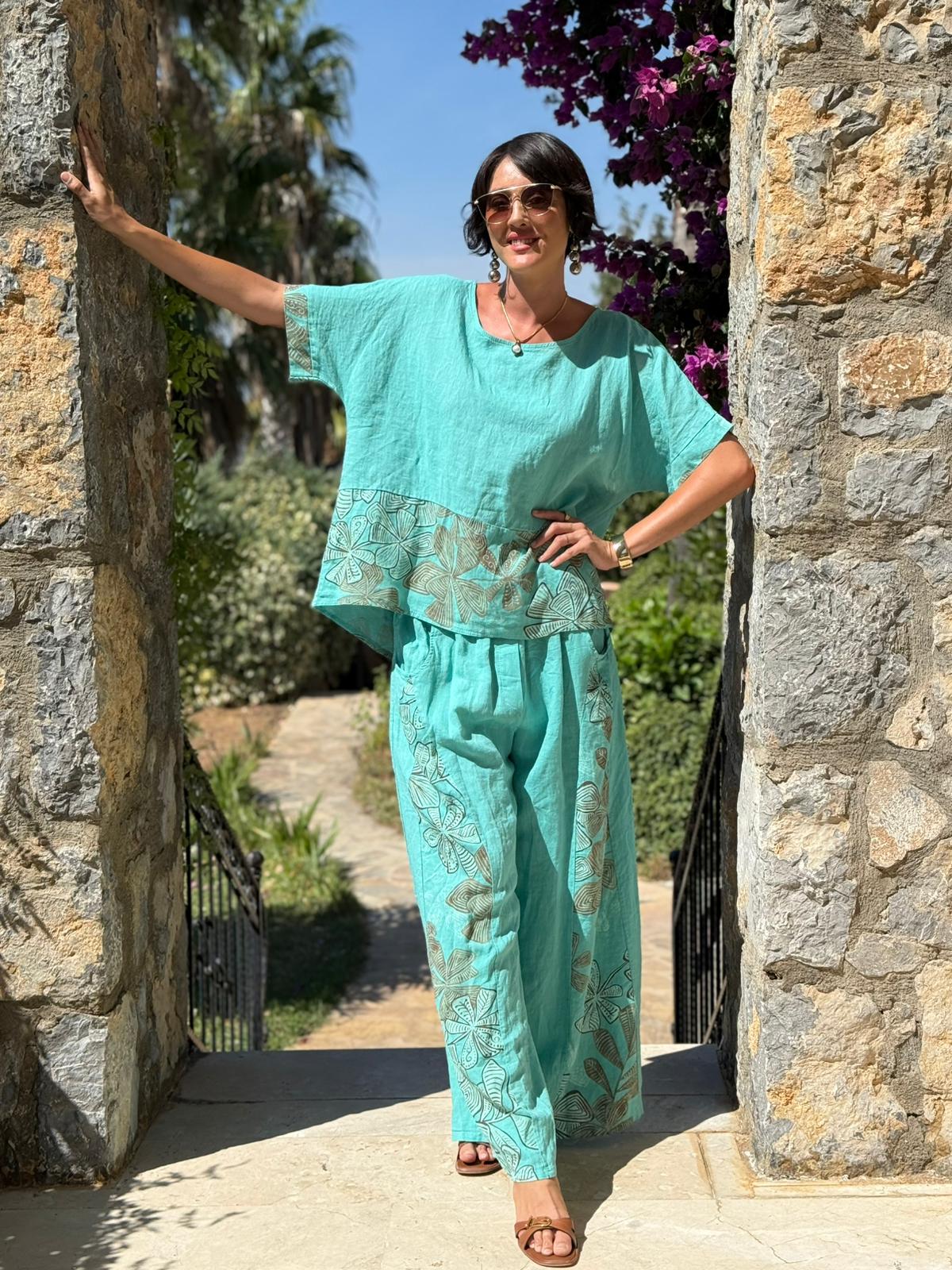 NC61253 İtalyan Çiçek Baskılı Keten Takım Mint