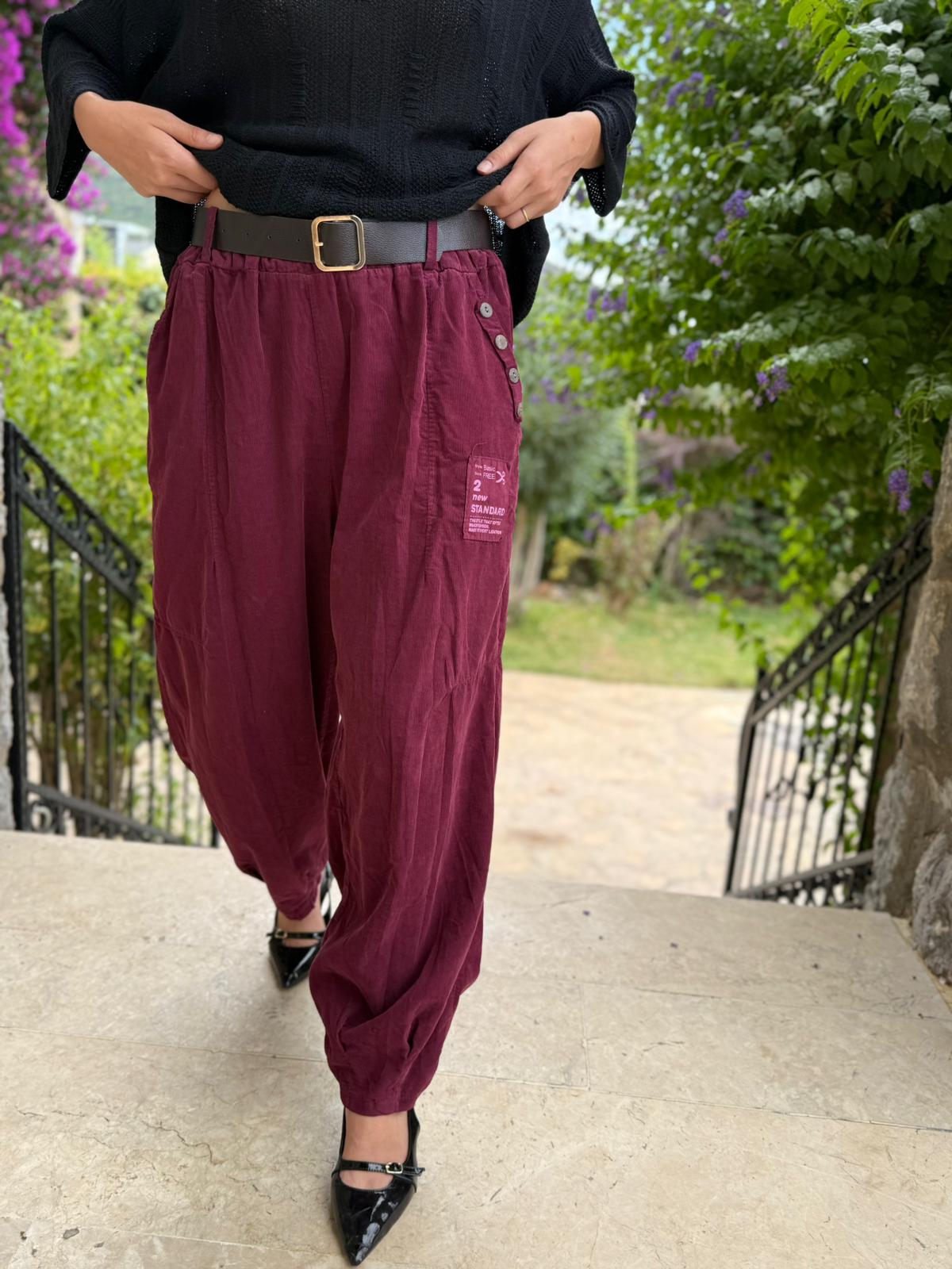 LS2203 İtalyan Kemerli Kadife Pantolon Vişne