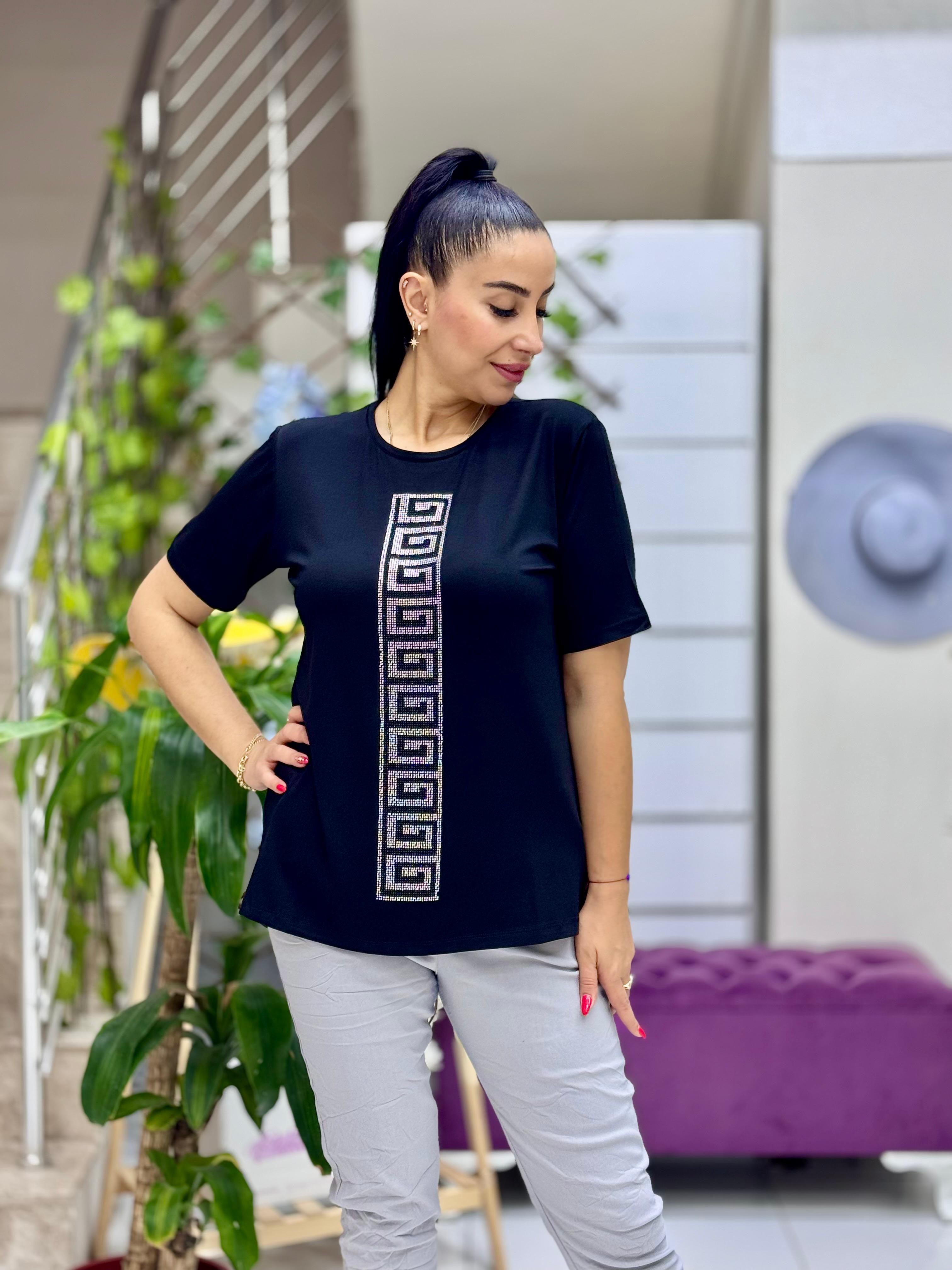 MS4222 Şerit Desenli  Penye Bluz Siyah