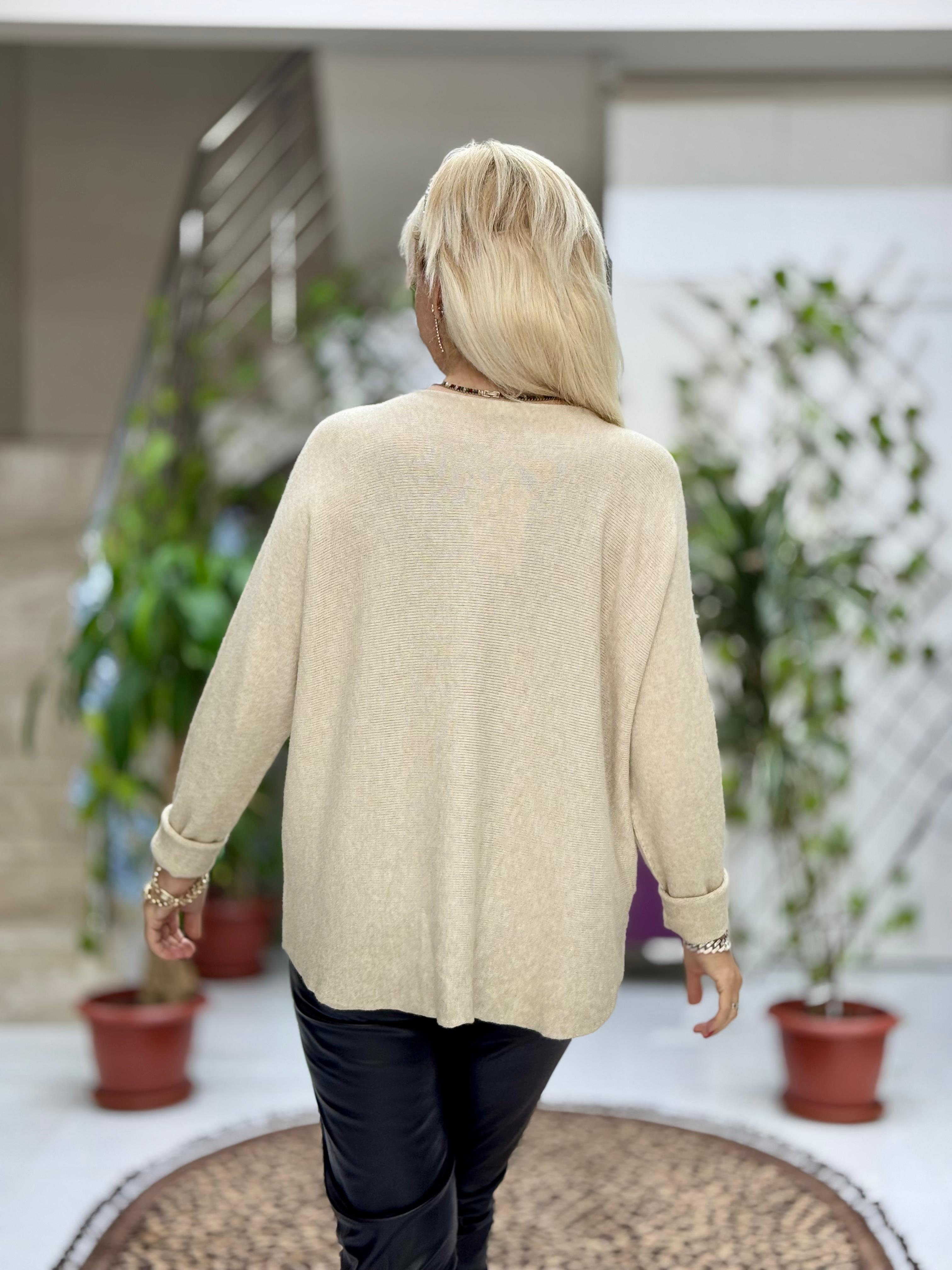 YG8023 Kalp Desenli Taşlı İtalyan Triko Bluz Bej