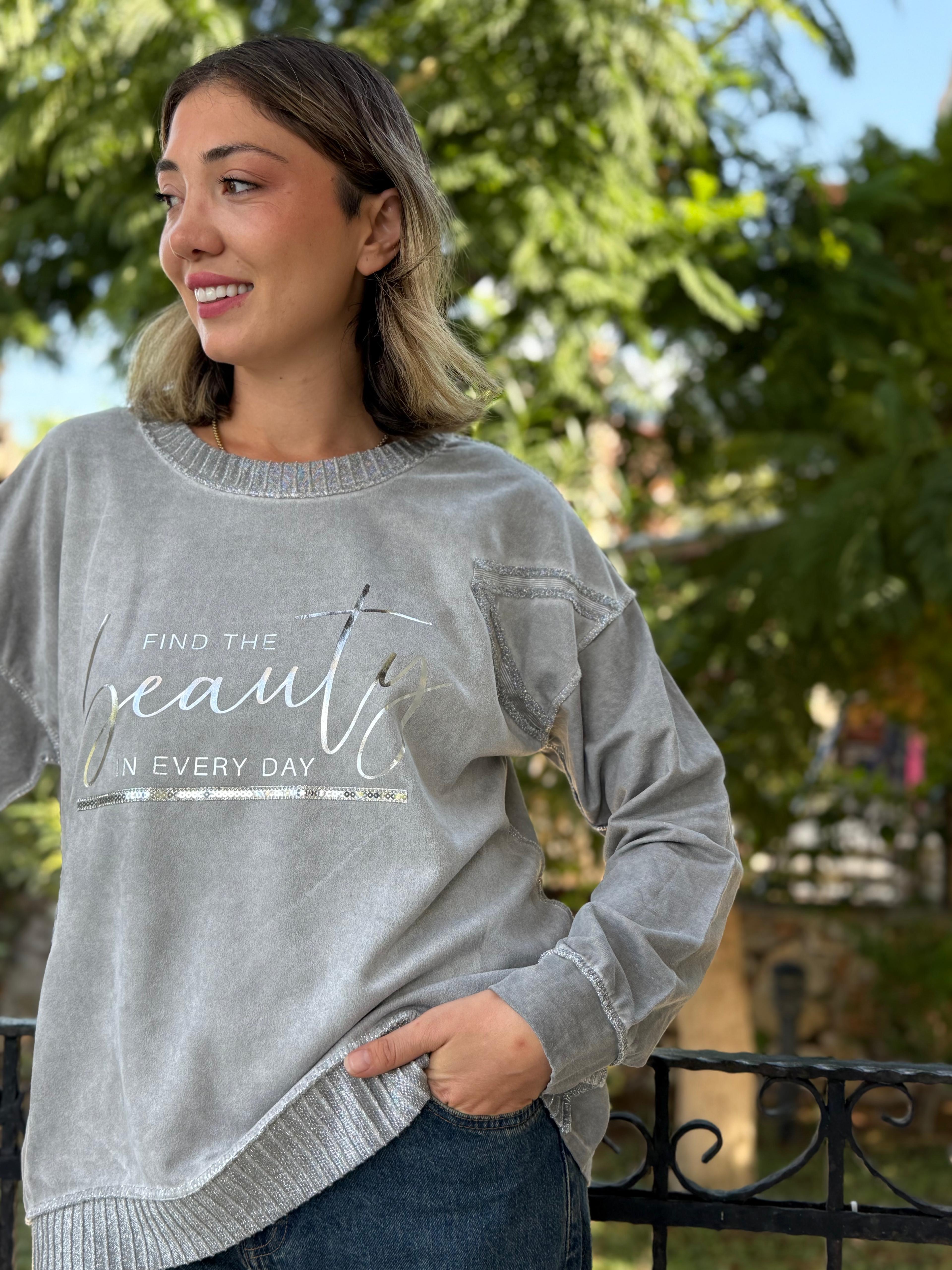 NC50793 İtalyan Beauty Yazılı Coton Sweatshirt Gri