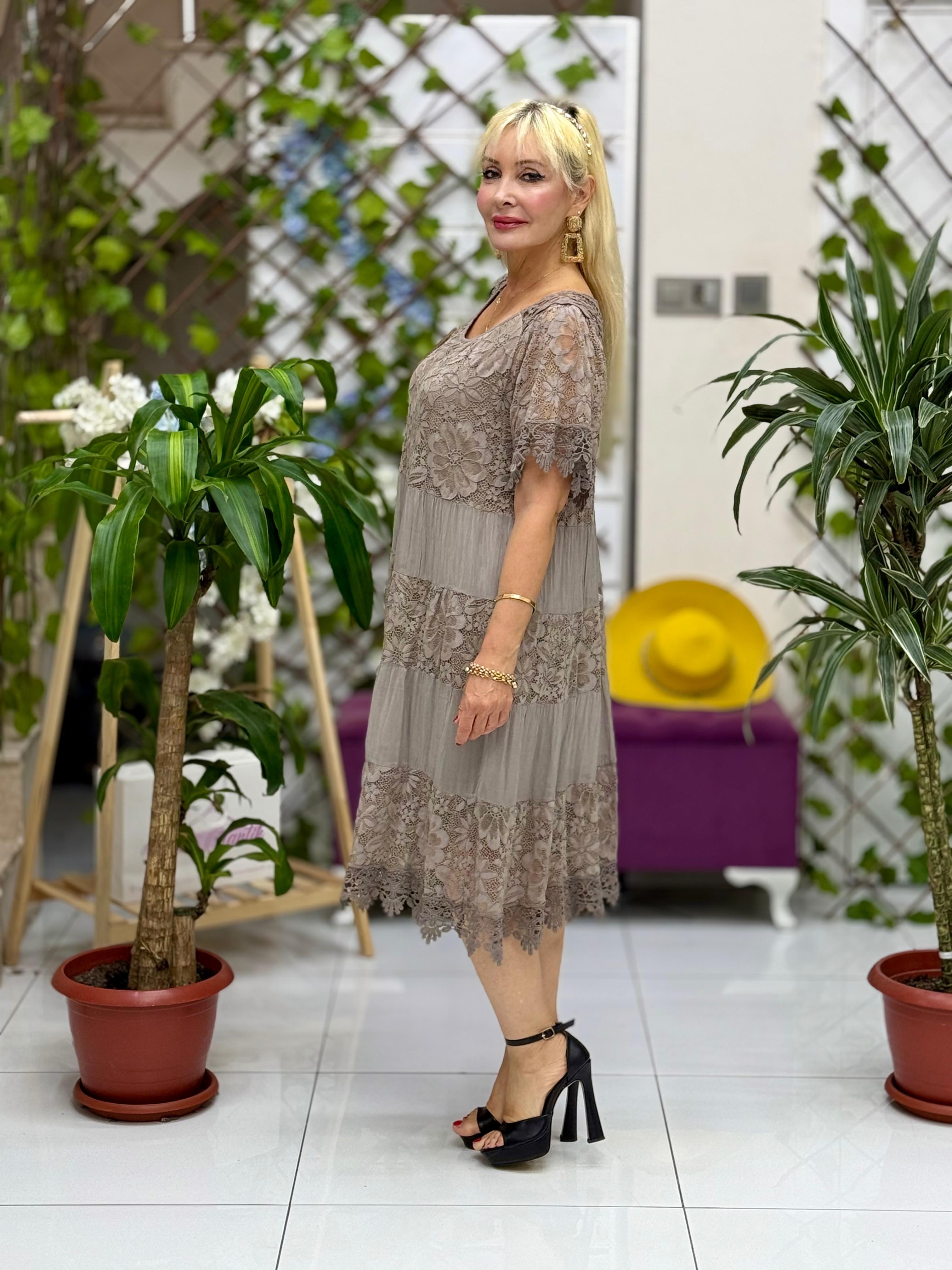 N10337 İtalyan İpek Elbise Vizon