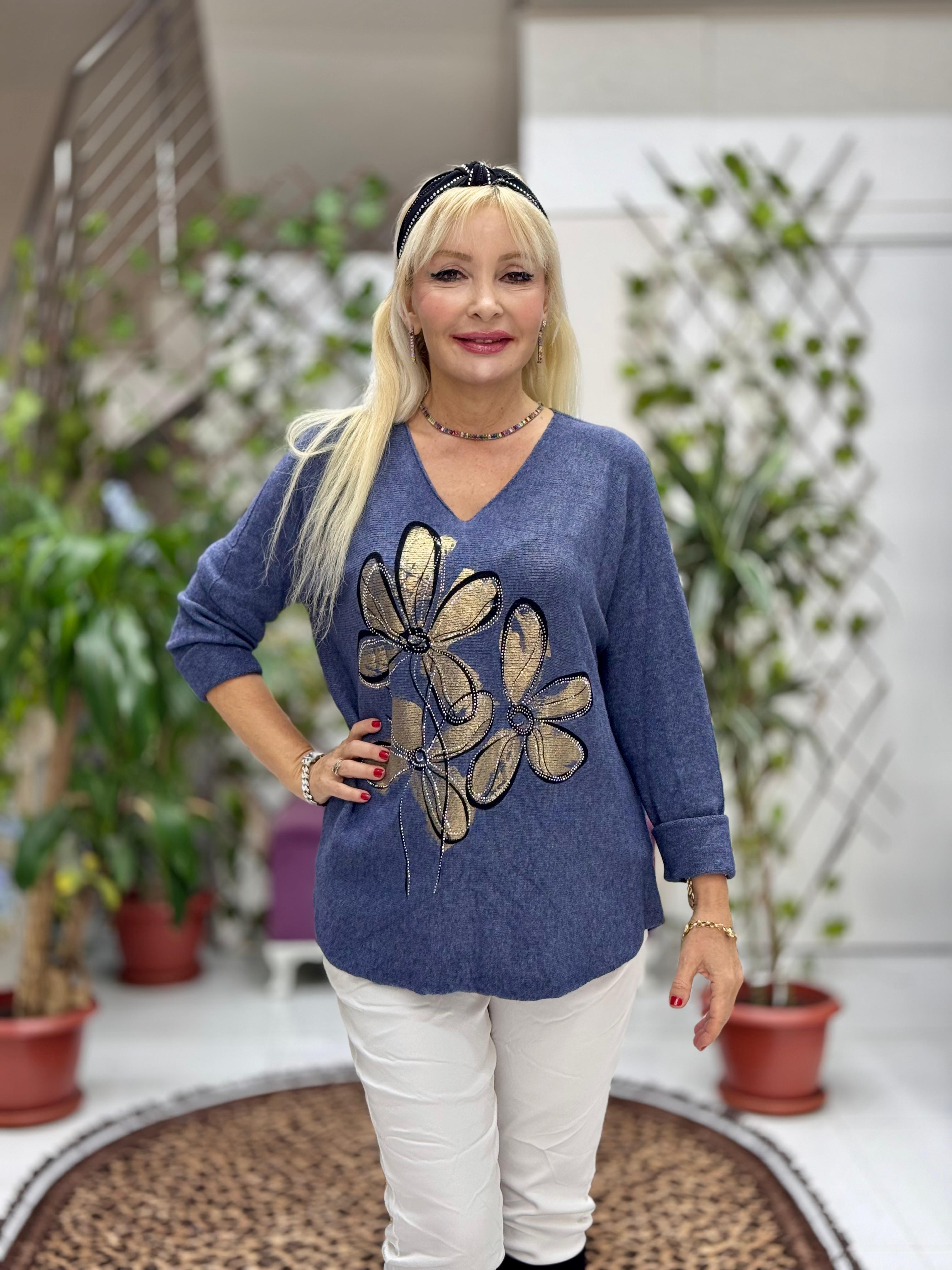 YG8022 Çiçek Desenli Taşlı İtalyan Triko Bluz Mavi