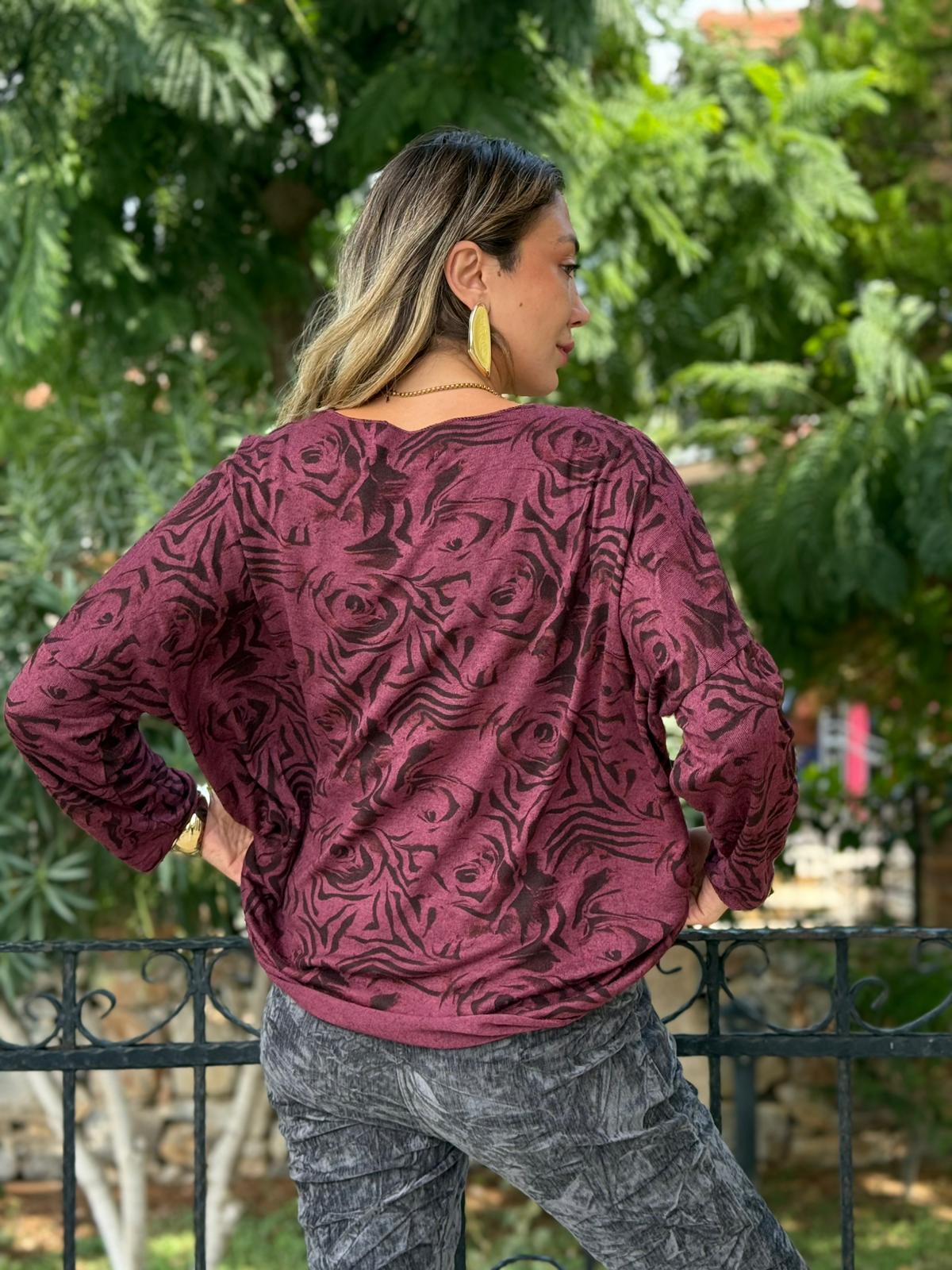 NC1128A İtalyan V Yaka Gül Desenli Triko Bluz Vişne