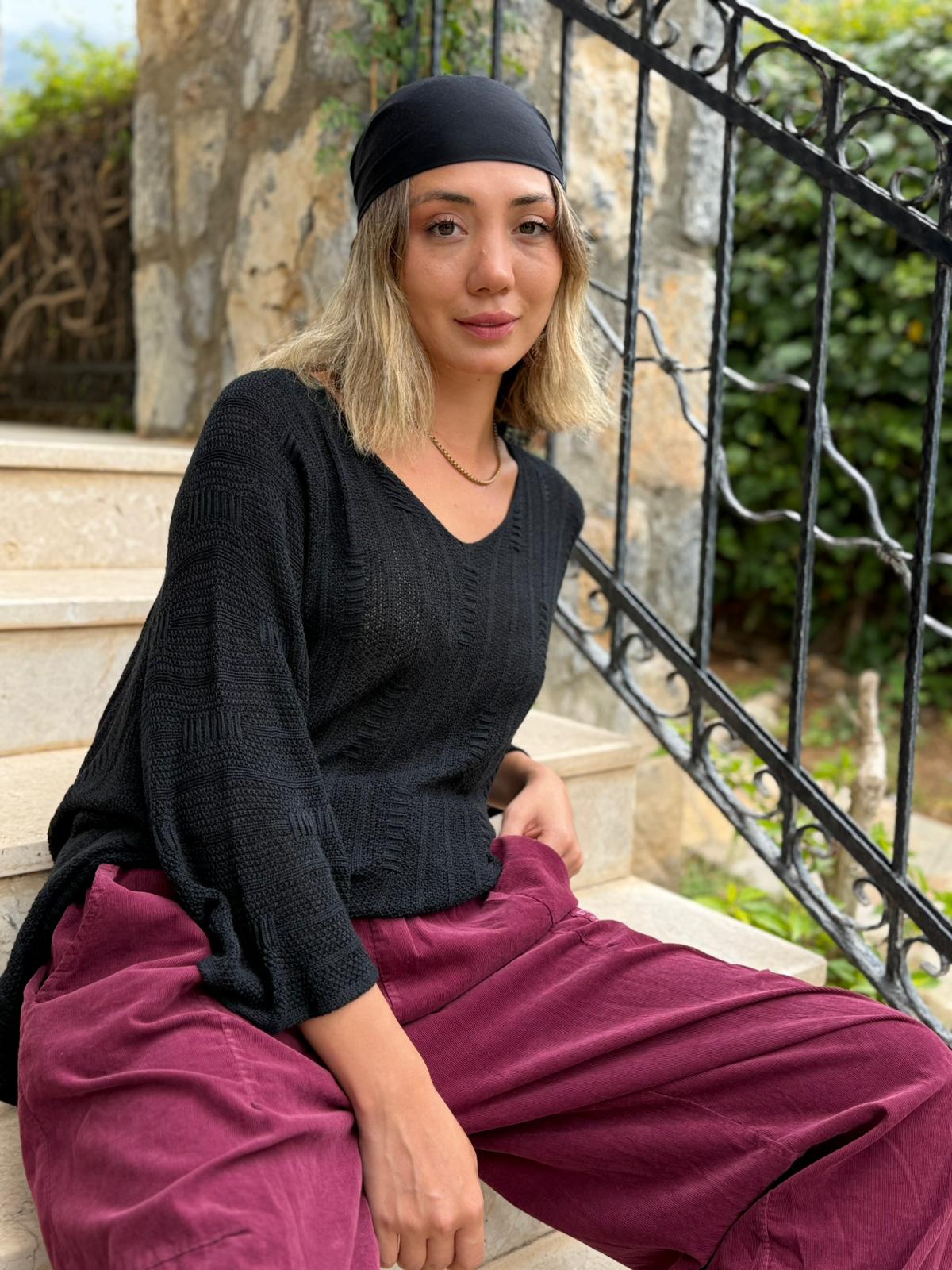 LS8713 İtalyan Çizgi Desenli Triko Bluz Siyah