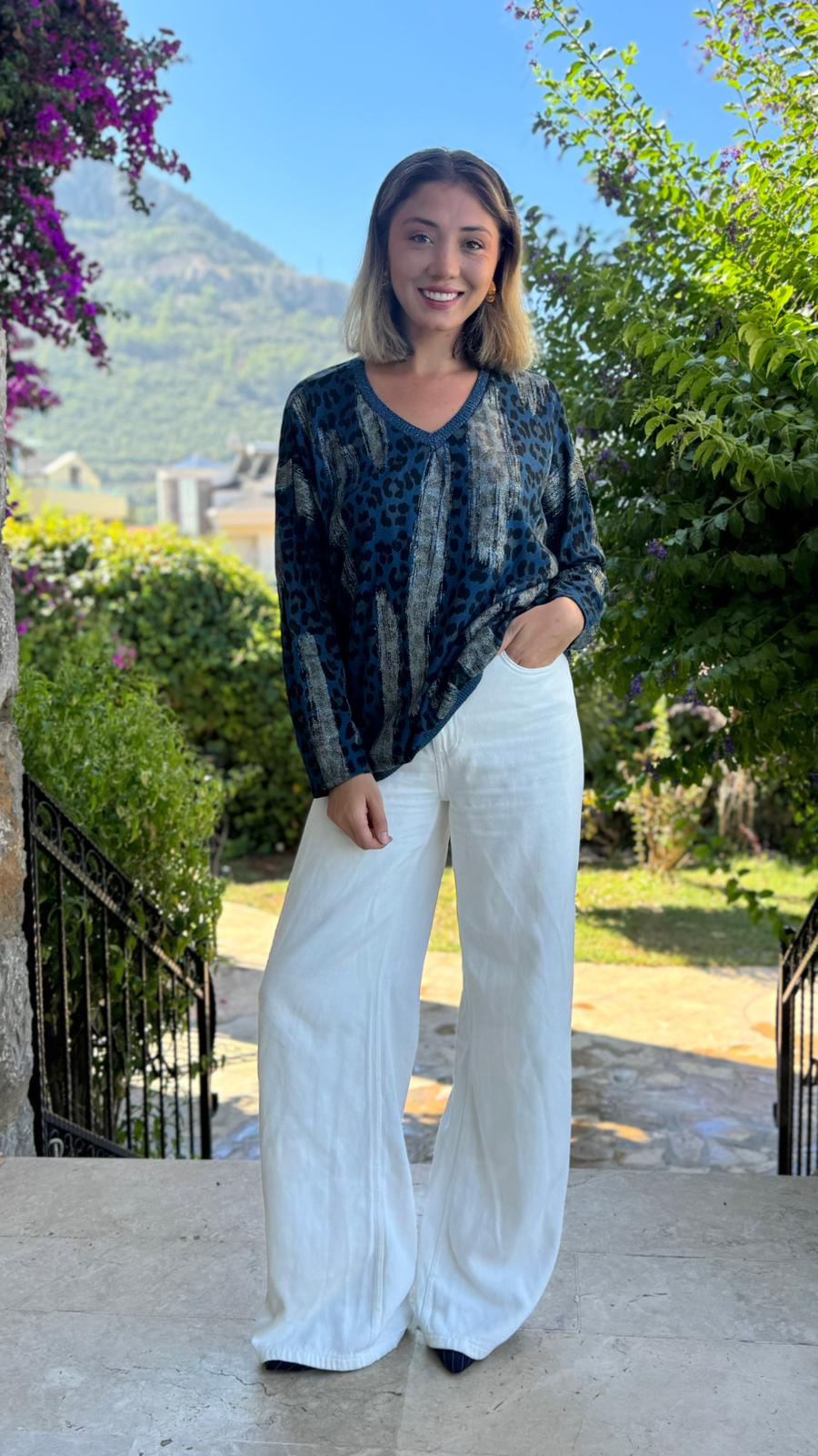 P245010 İtalyan Simli Leopar Bluz Lacivert