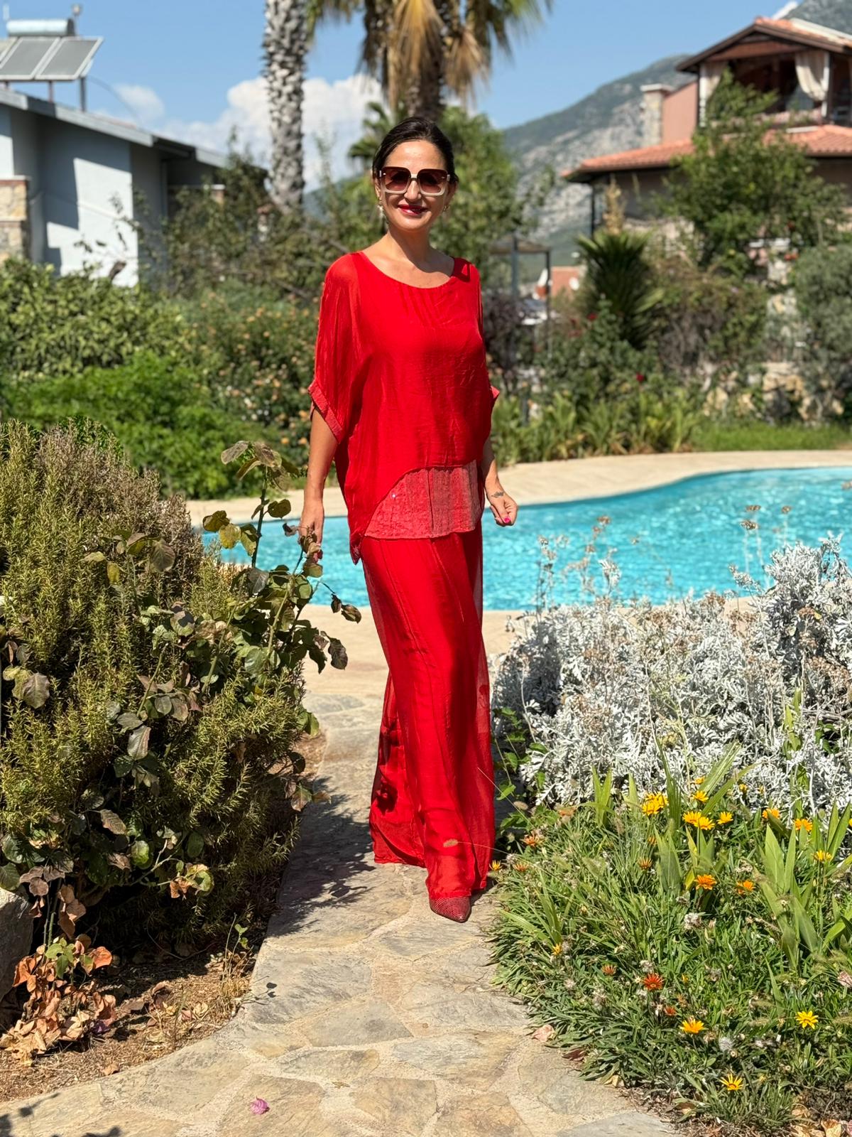 P3009 Traje italiano de seda con lentejuelas Rojo